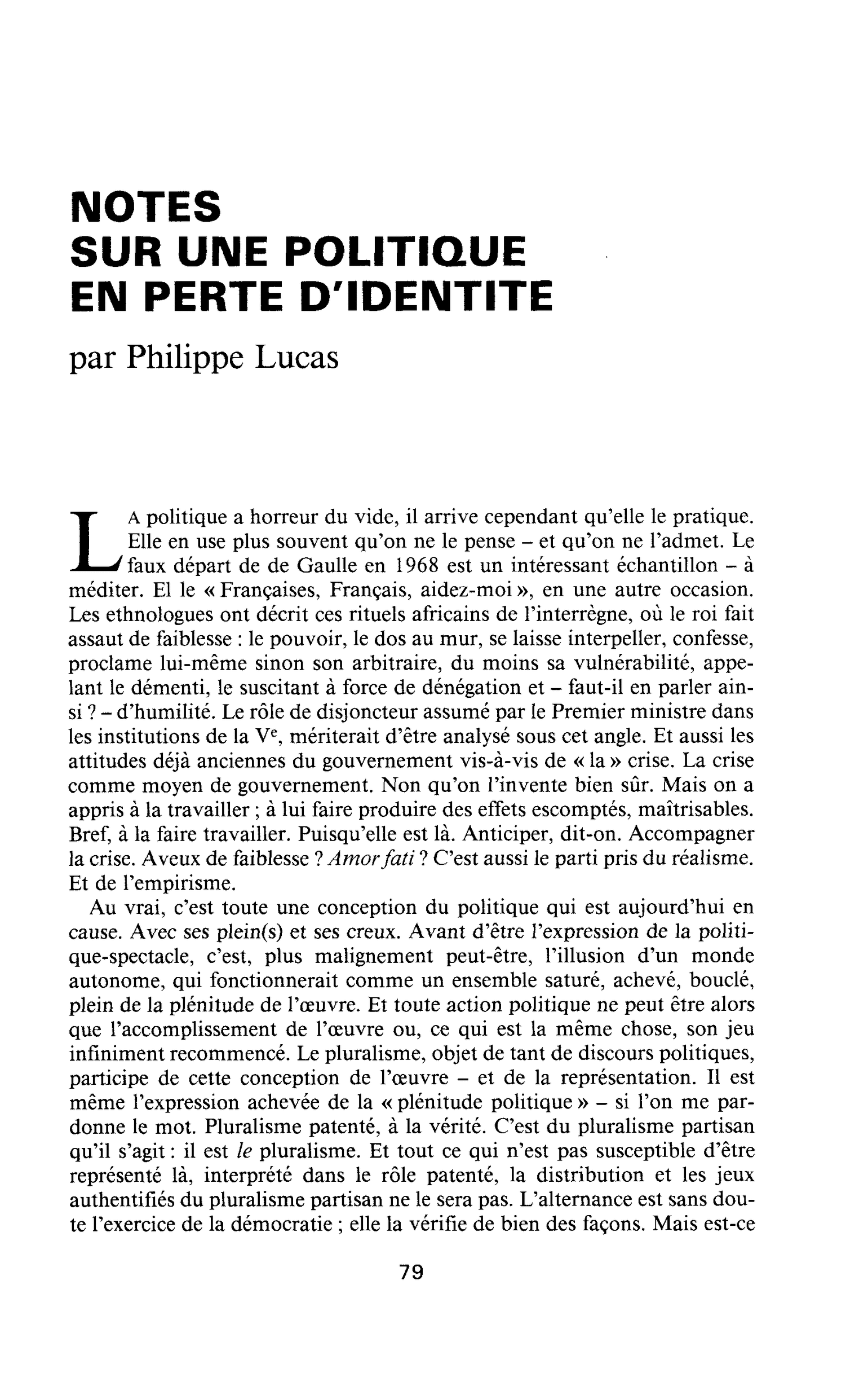 NOTES SUR UNE POLITIQUE EN PERTE D’IDENTITE
