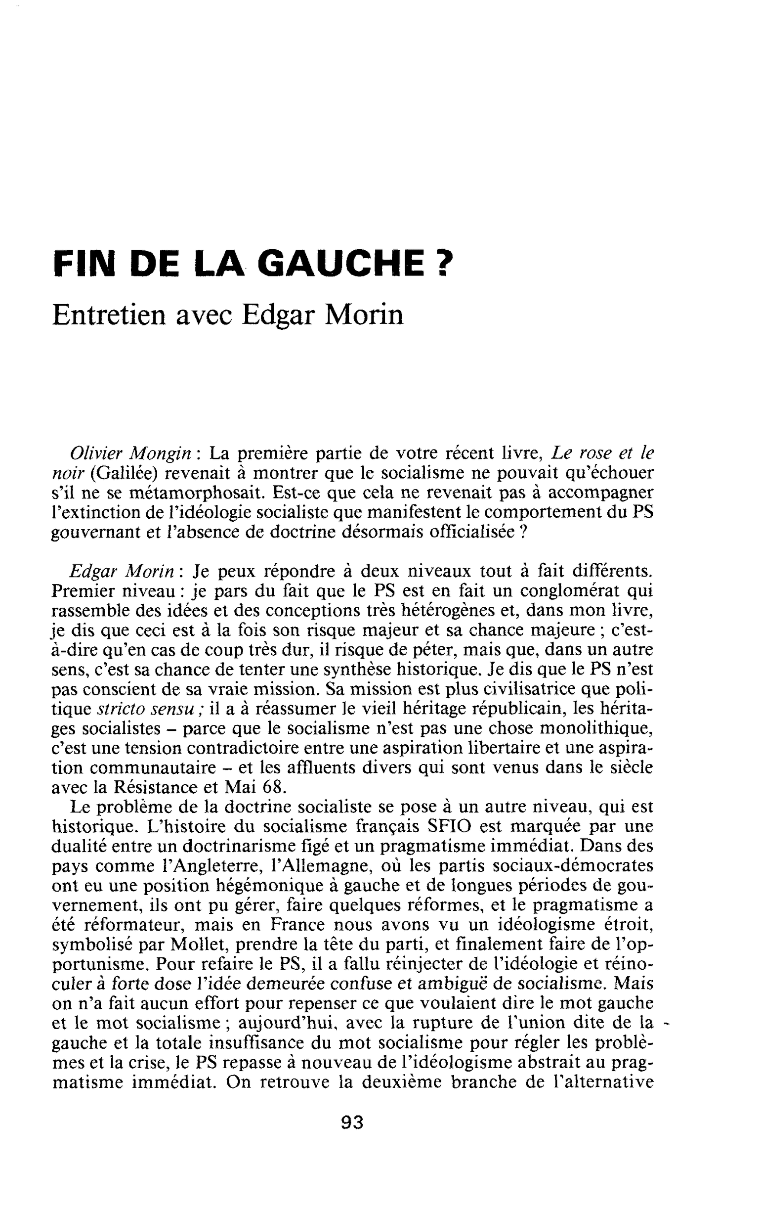 Fin de la gauche ? Entretien avec Edgar Morin