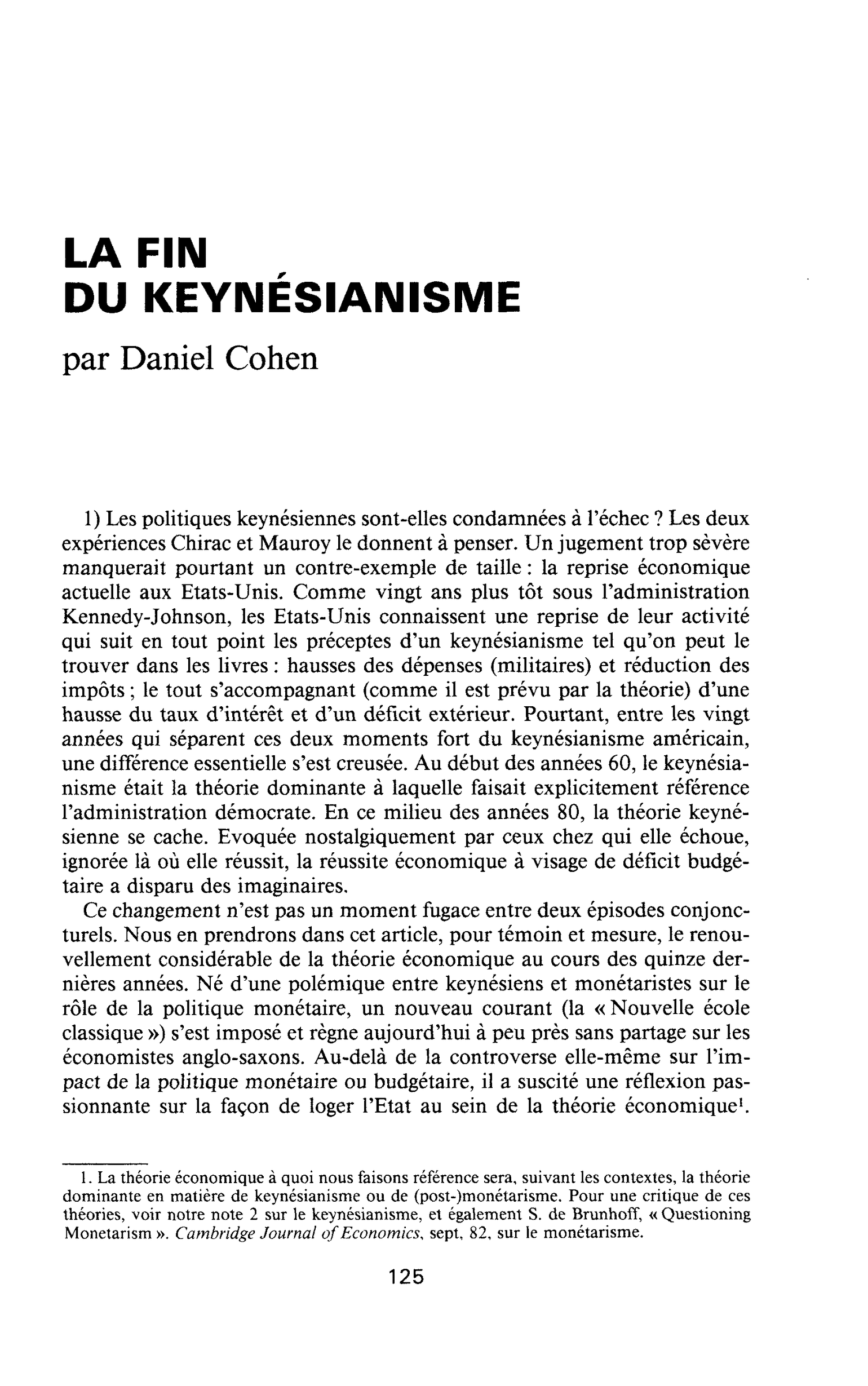LA FIN DU KEYNÉSIAIMISME
