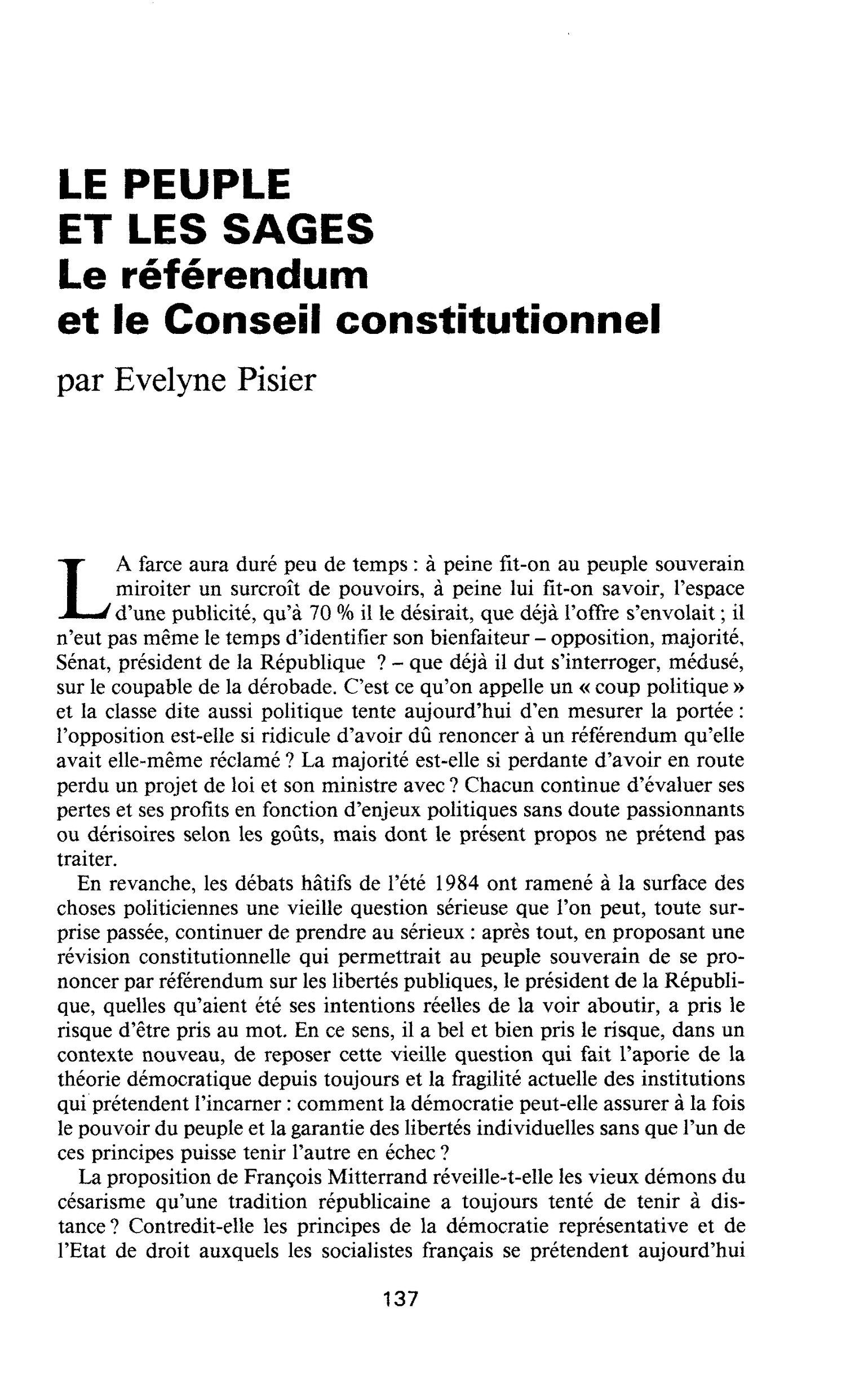 LE PEUPLE ET LES SAGES. Le référendum et le Conseil constitutionnel