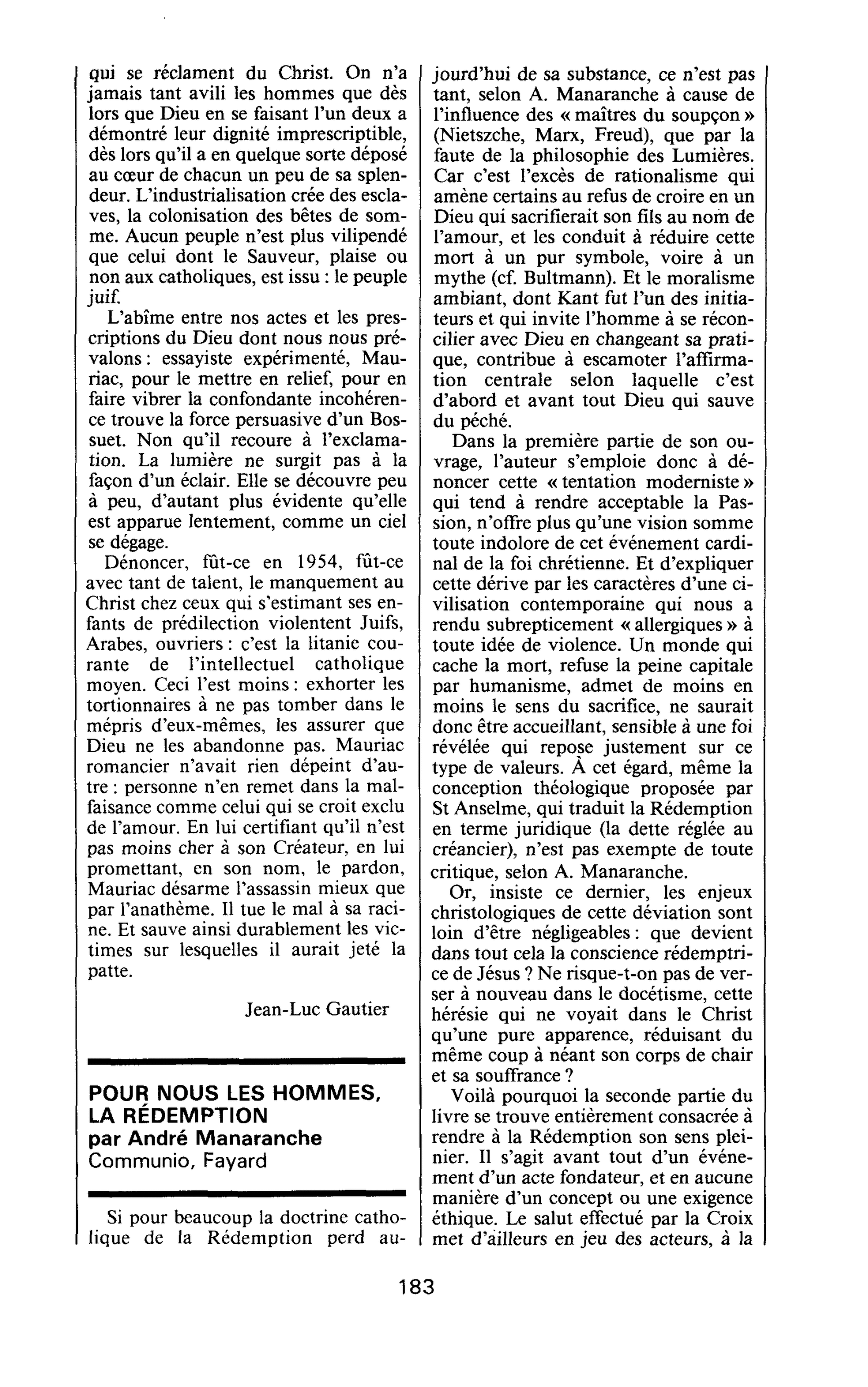 POUR NOUS LES HOMMES, LA RÉDEMPTION par André Manaranche