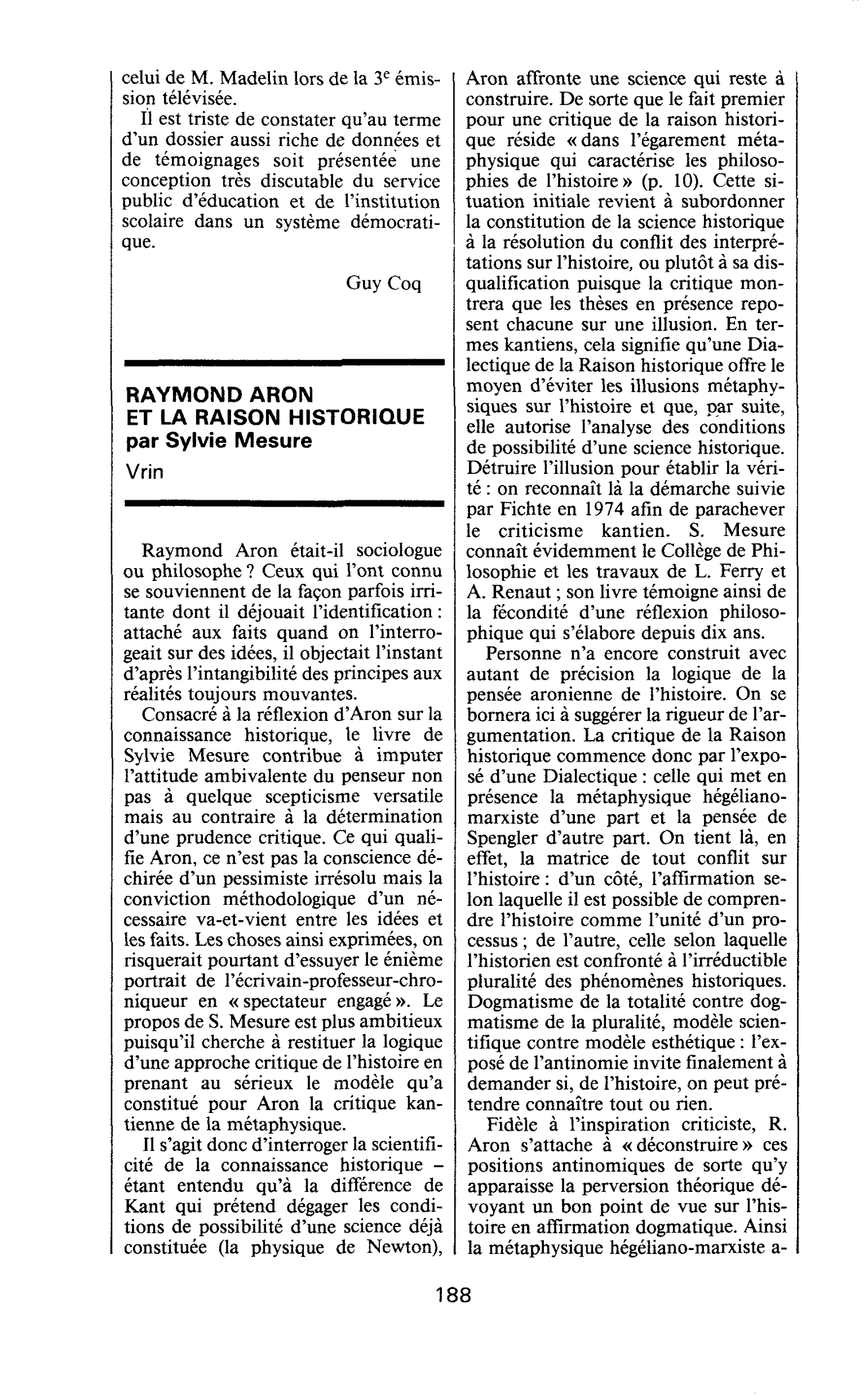 RAYMOND ARON ET LA RAISON HISTORIQUE par Sylvie Mesure