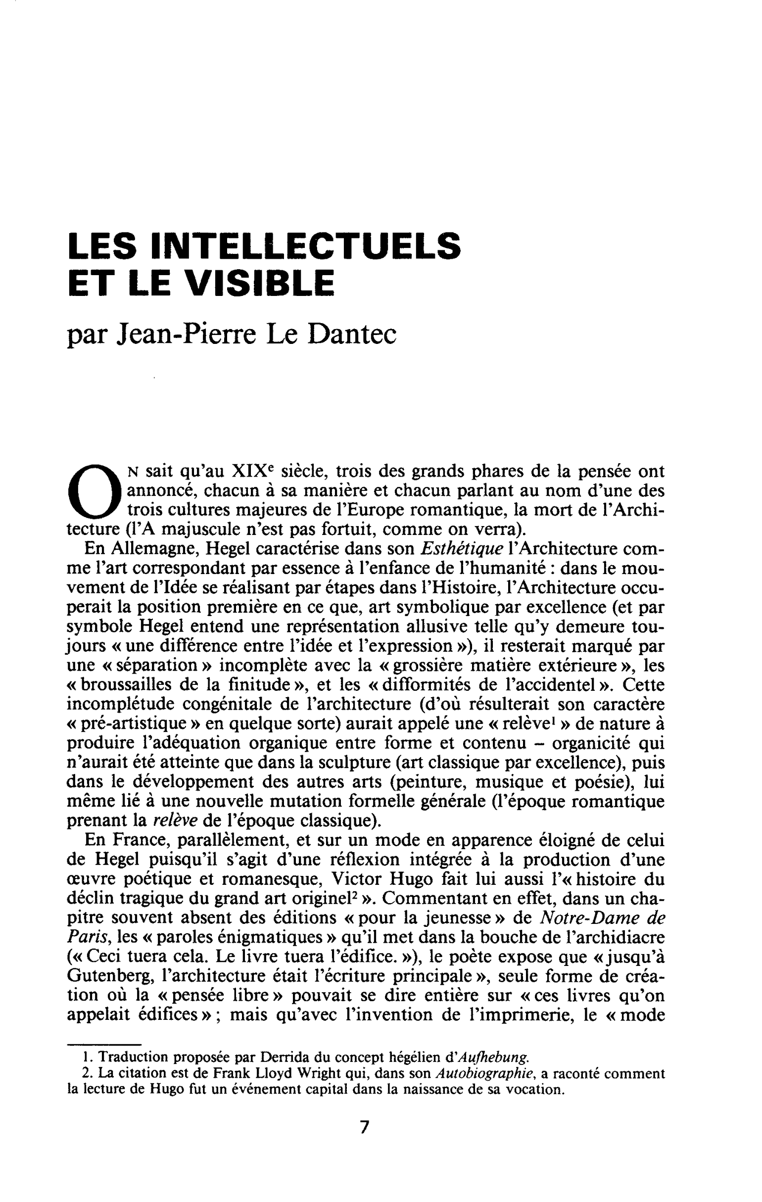 LES INTELLECTUELS ET LE VISIBLE