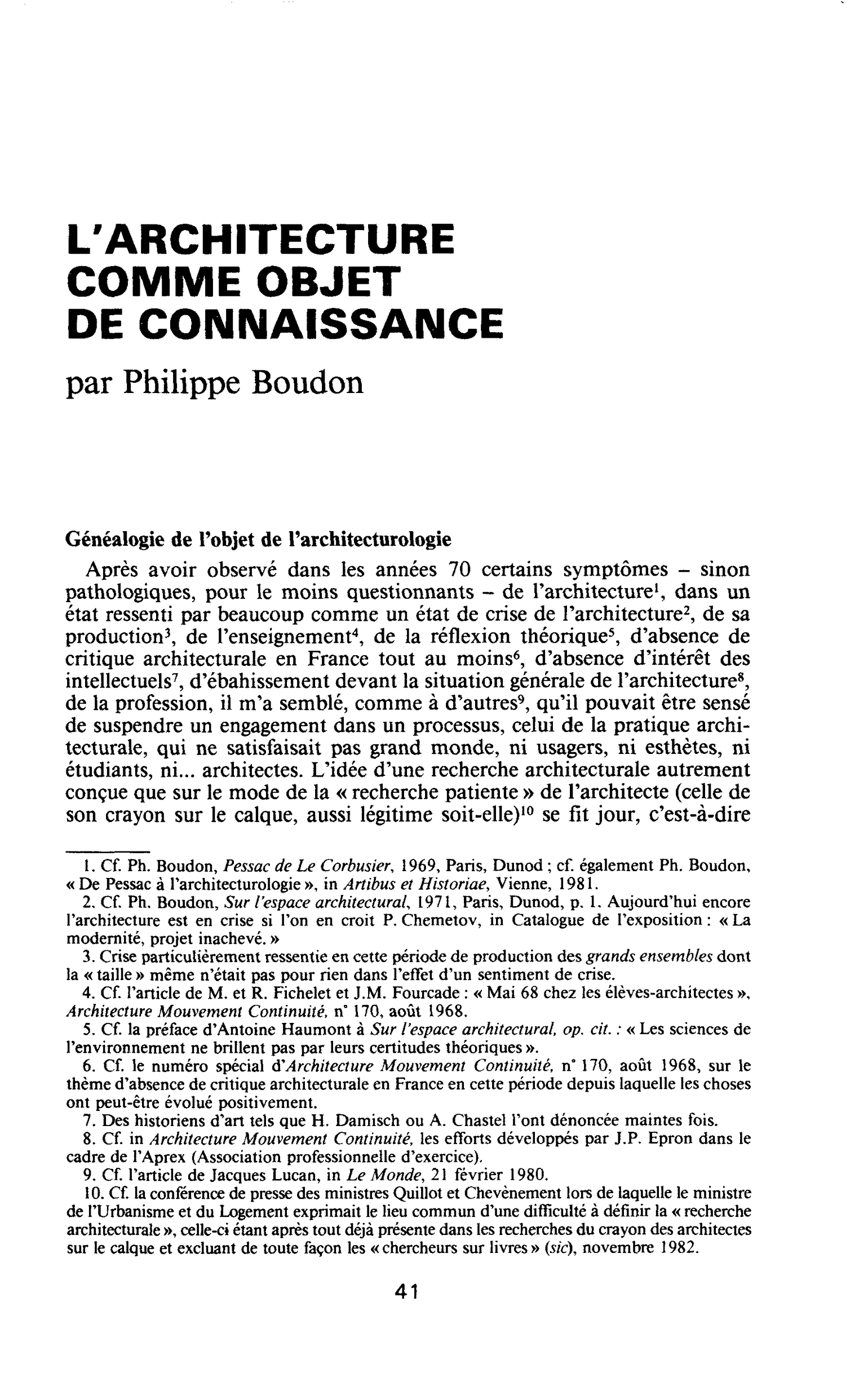 L’ARCHITECTURE COMME OBJET DE CONNAISSANCE