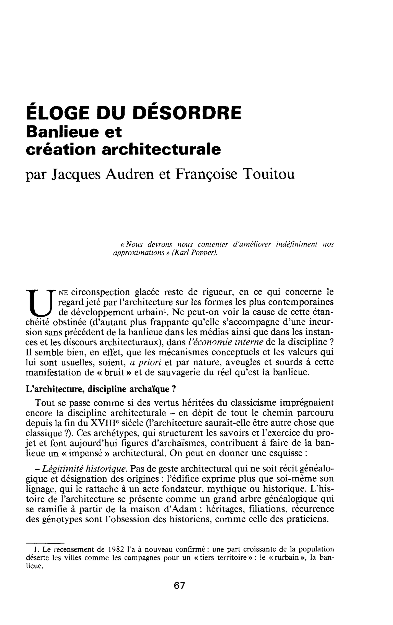 ELOGE DU DESORDRE. Banlieue et création architecturale