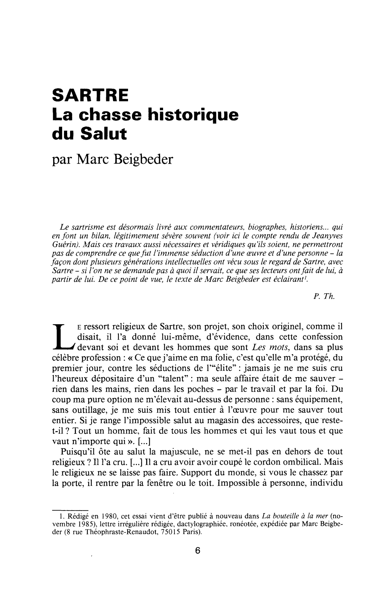 SARTRE. La chasse historique du Salut