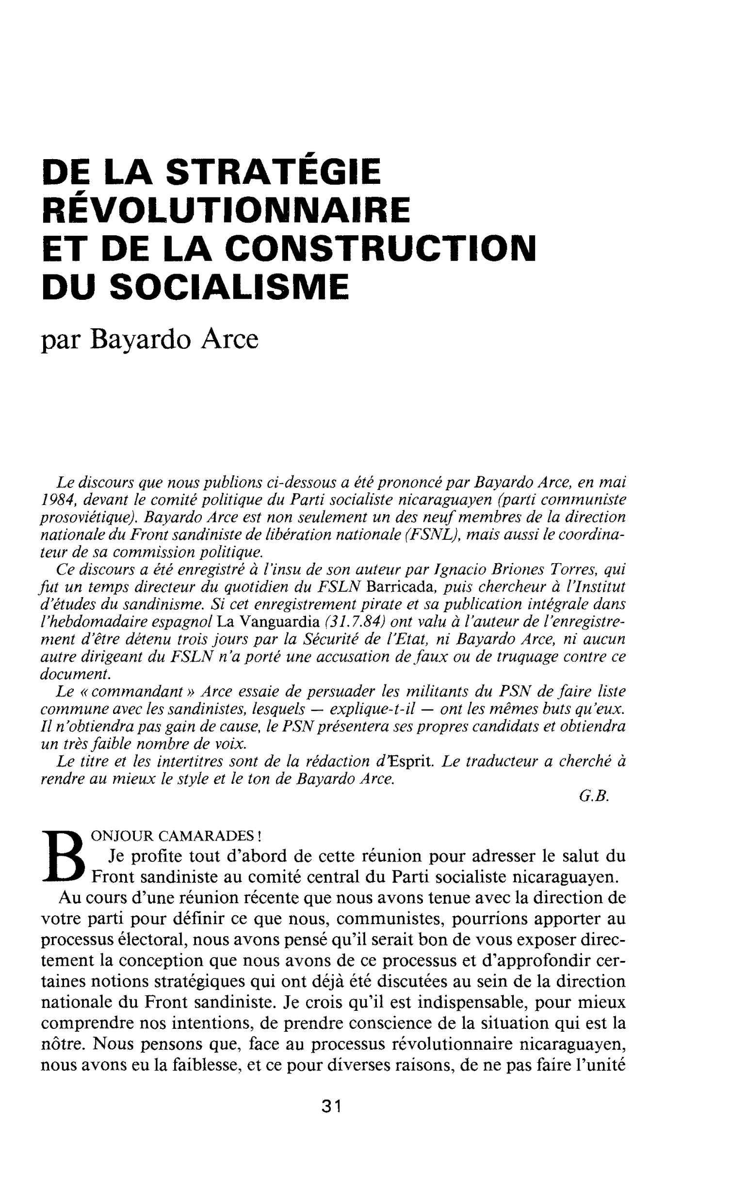 DE LA STRATÉGIE RÉVOLUTIONNAIRE ET DE LA CONSTRUCTION DU SOCIALISME