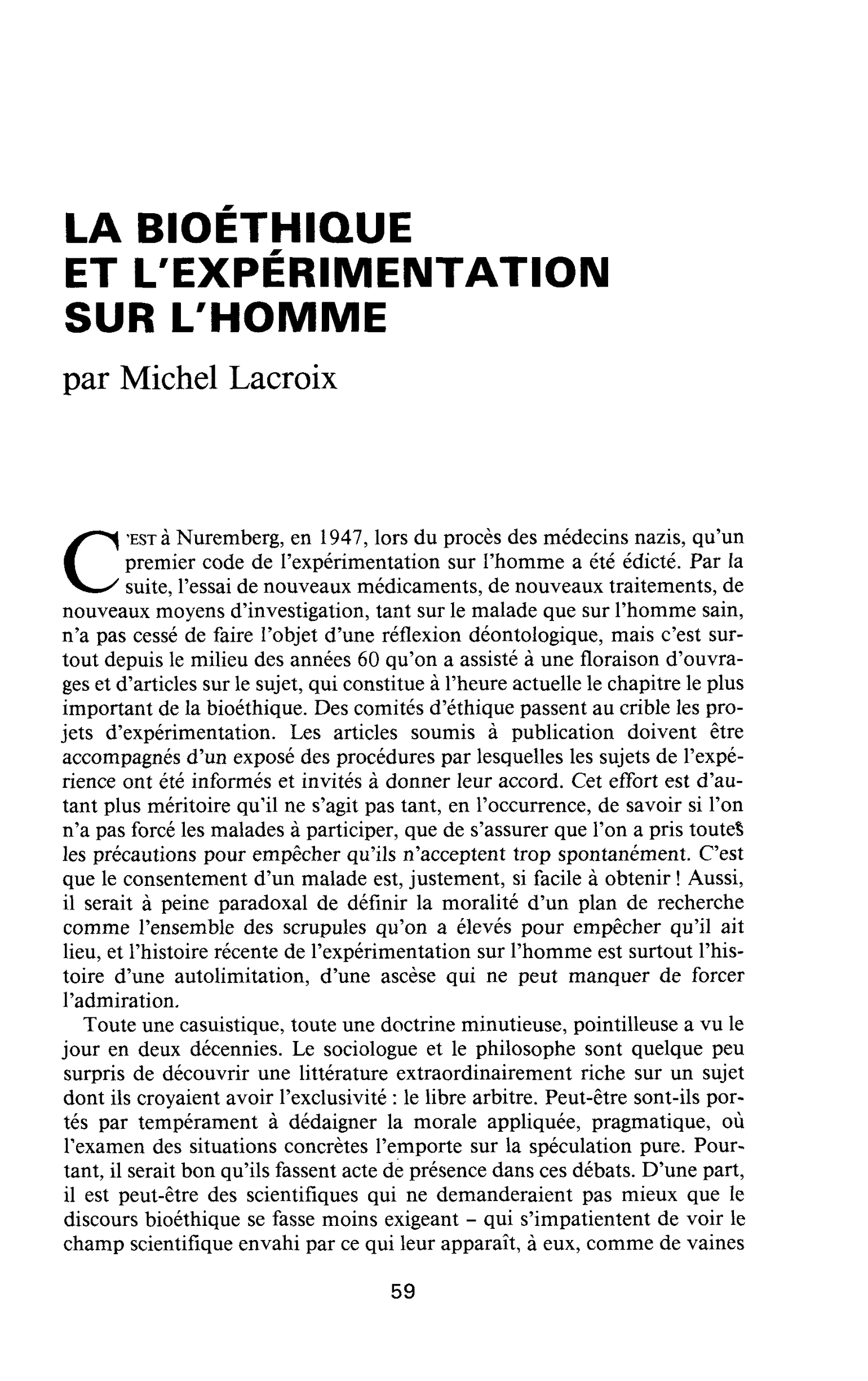 LA BIOÉTHIQUE ET L’EXPÉRIMENTATION SUR L’HOMME