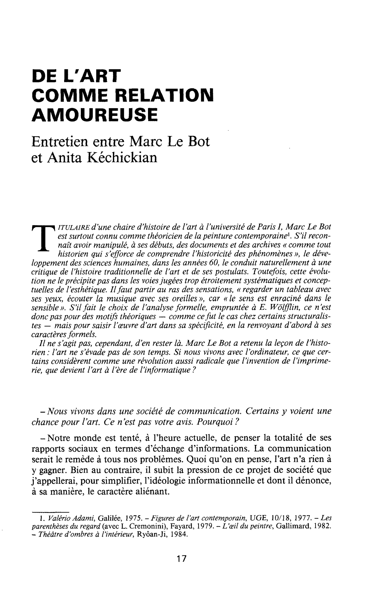 DE L’ART COMME RELATION AMOUREUSE