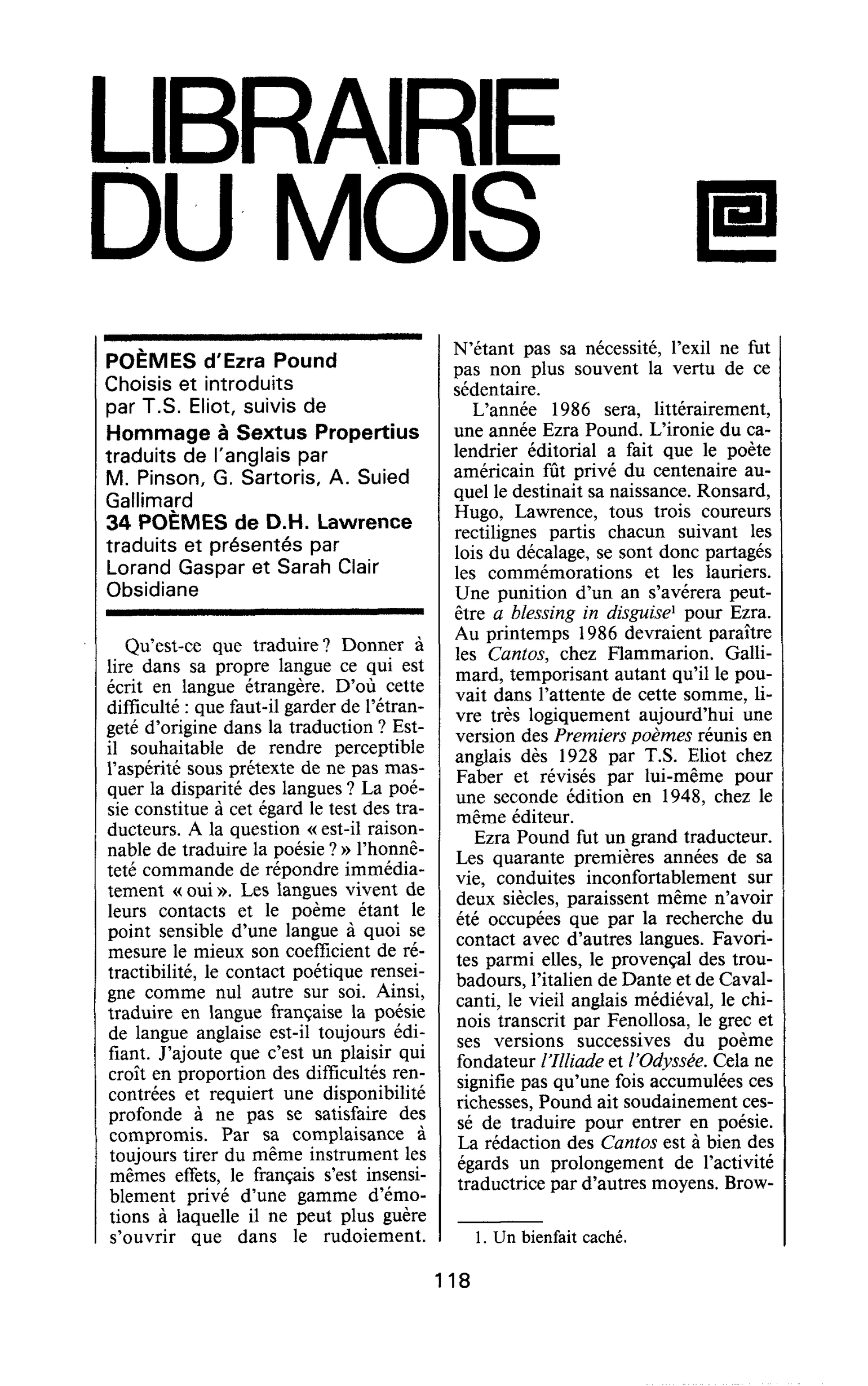 POÈMES, d’Ezra Pound Hommage à Sextus Propertius. 34 POÈMES, de D.H. Lawrence traduits et présentés par Lorand Gaspar et Sarah Clair