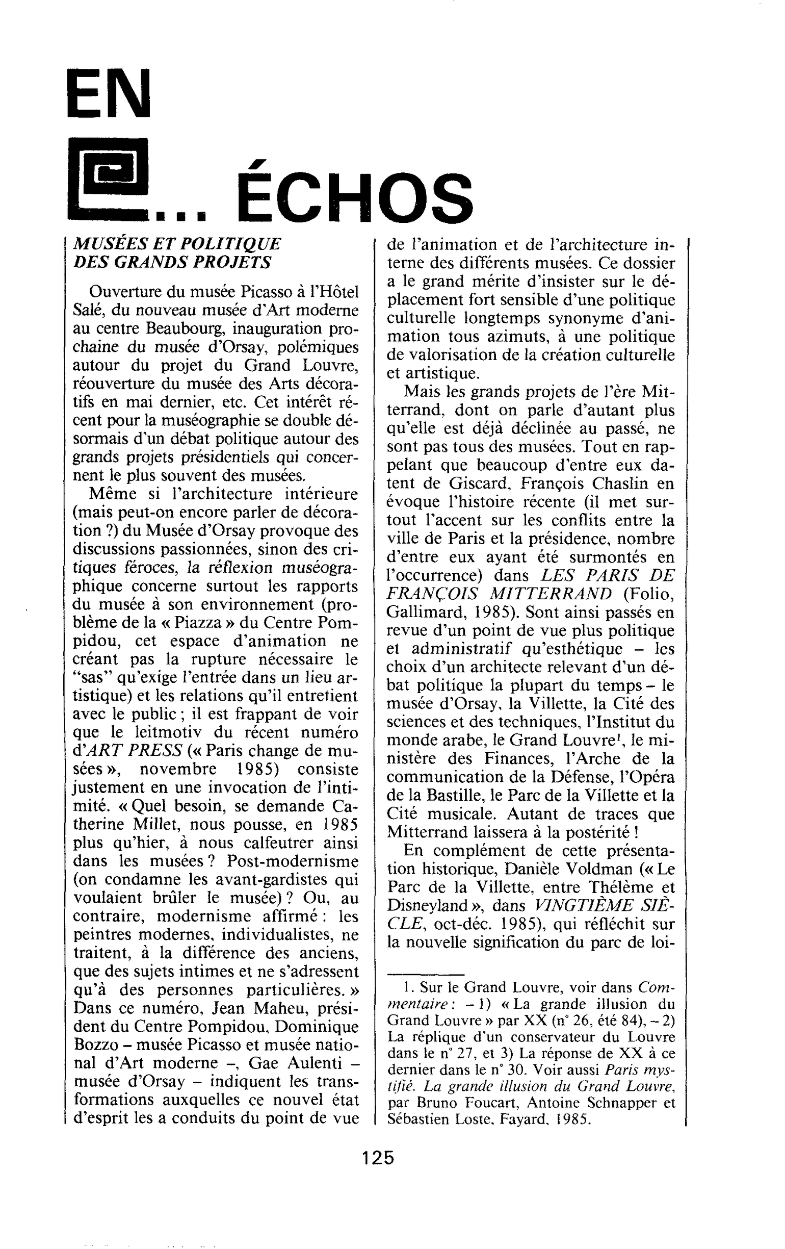 MUSÉES ET POLITIQUE DES GRANDS PROJETS