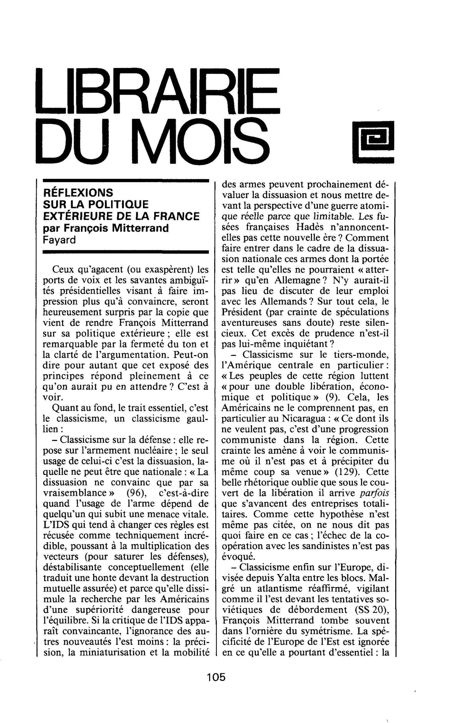 REFLEXIONS SUR LA POLITIQUE EXTÉRIEURE DE LA FRANCE par François Mitterrand