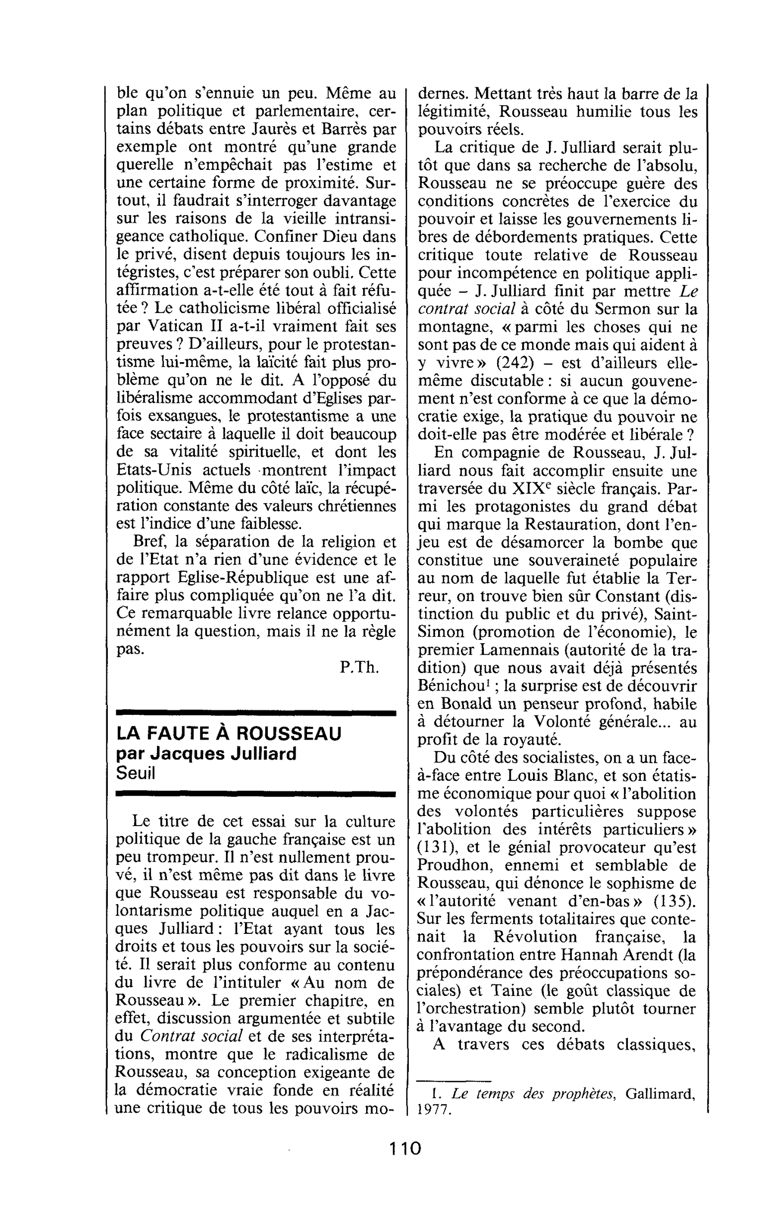 LA FAUTE A ROUSSEAU par Jacques Julliard