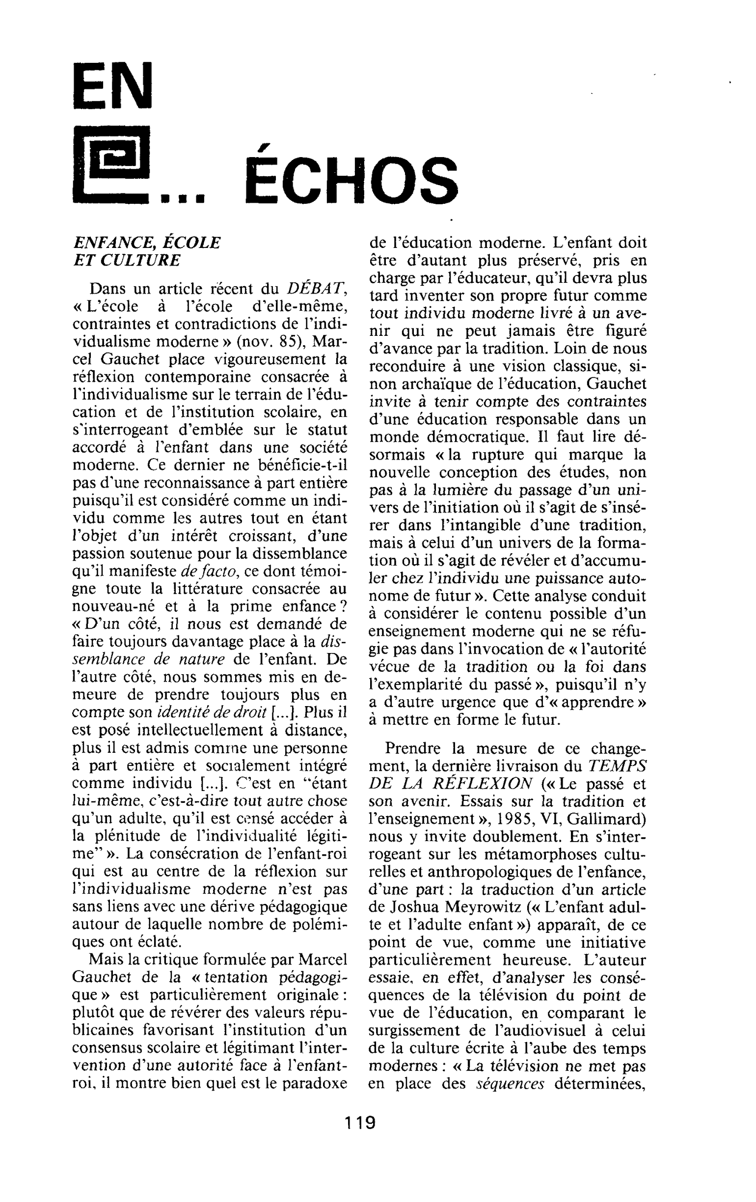 ENFANCE, ÉCOLE ET CULTURE
