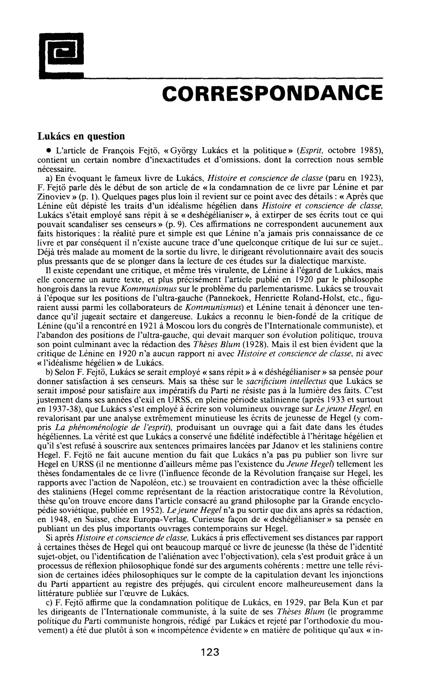Lukács en question
