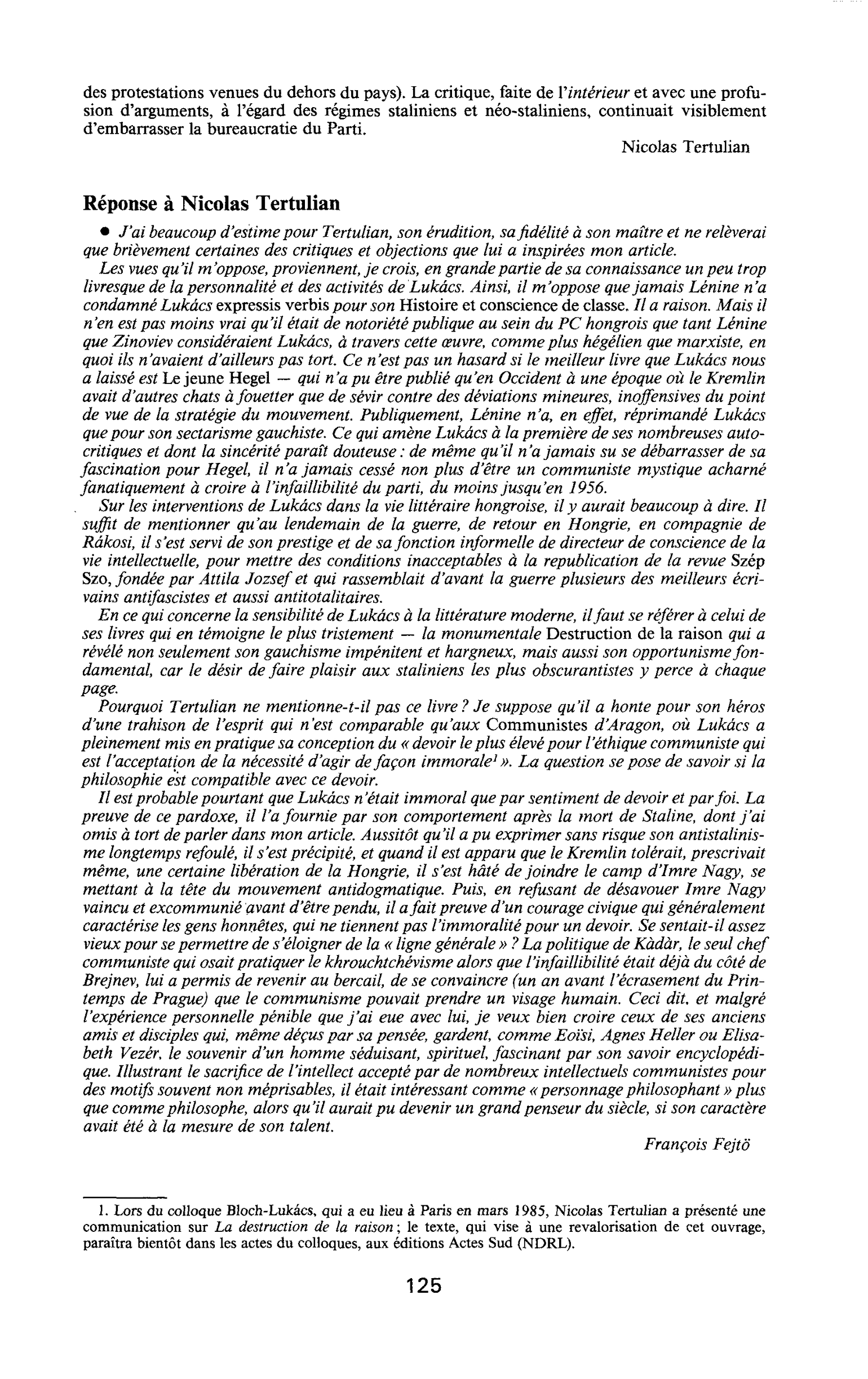 Réponse à Nicolas Tertulian