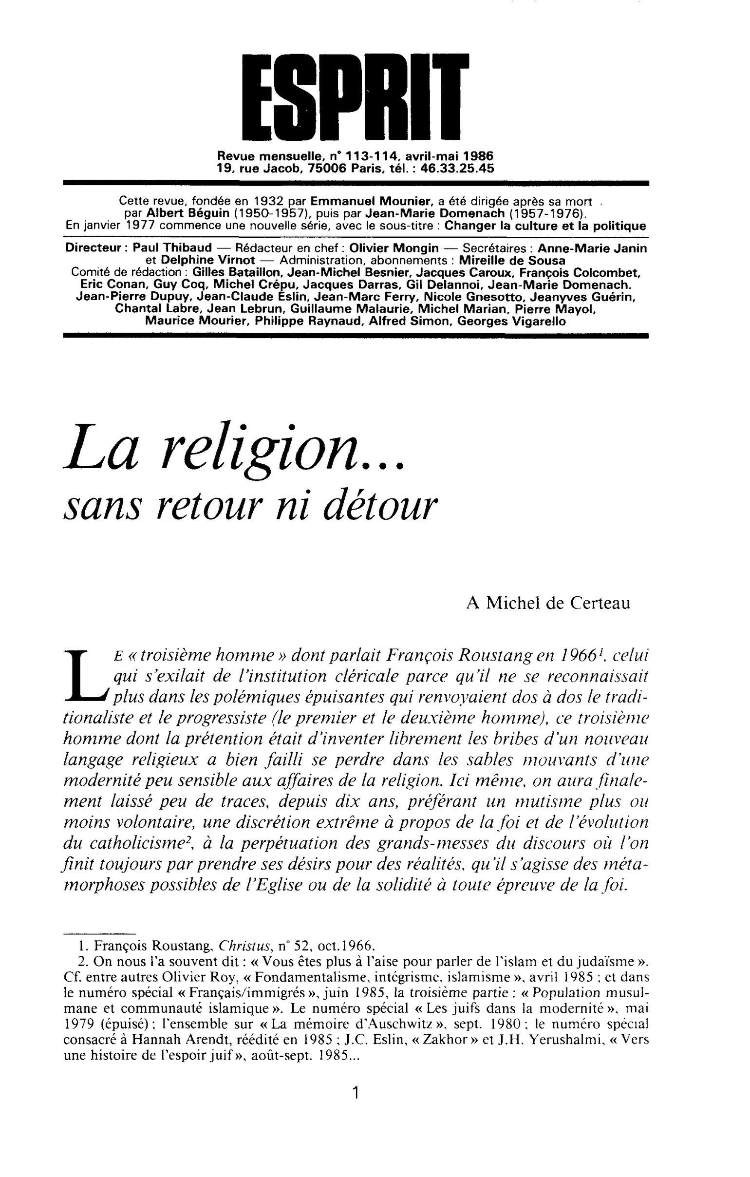 La religion… sans retour ni détour