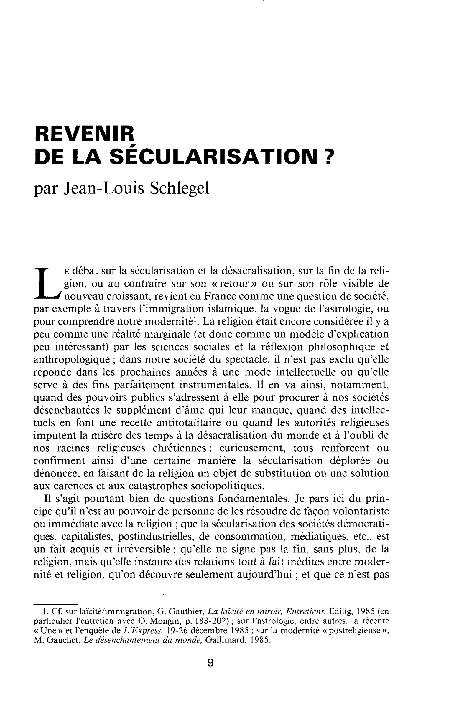 REVENIR DE LA SÉCULARISATION ?