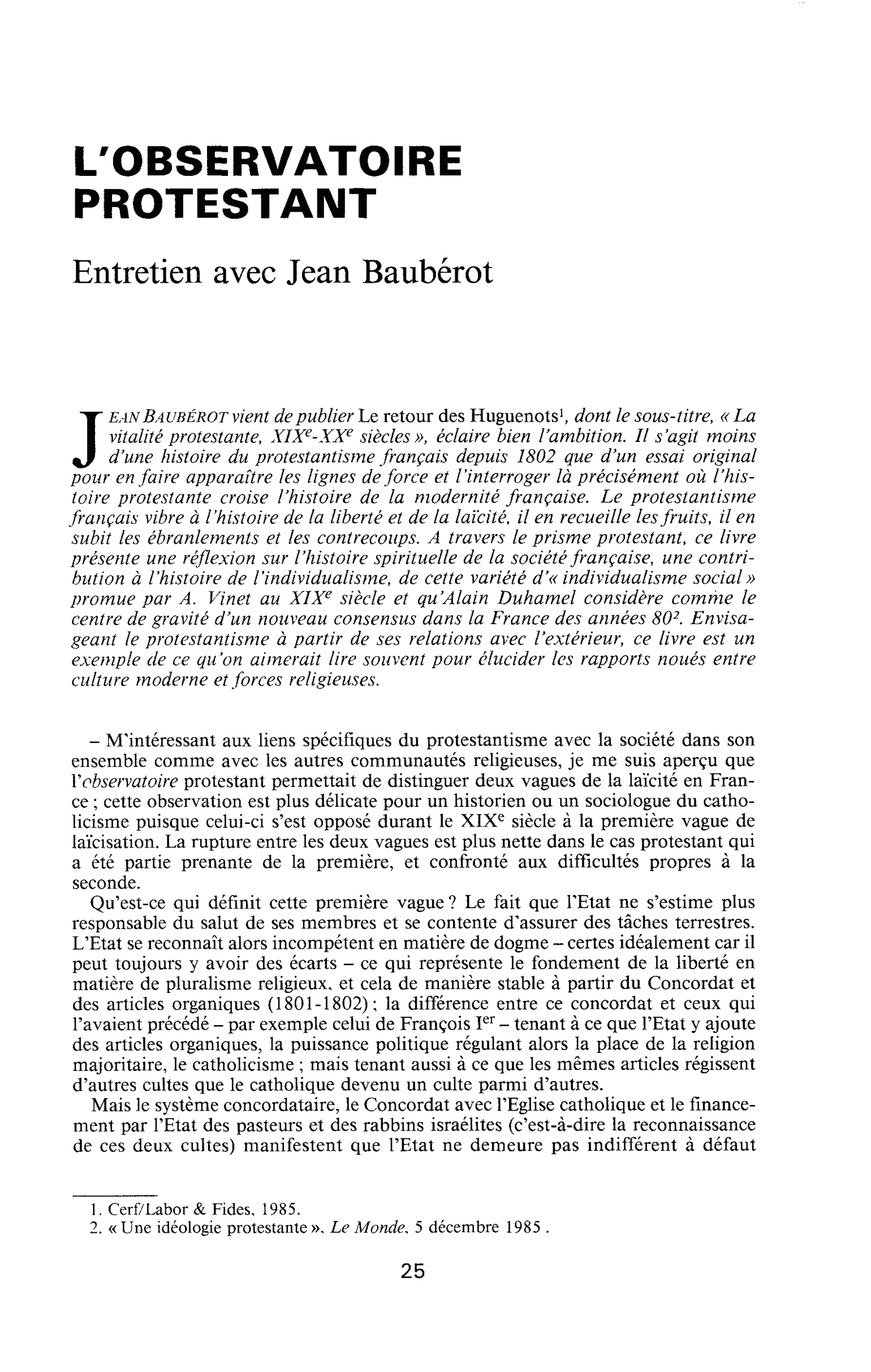 L’OBSERVATOIRE PROTESTANT. Entretien avec Jean Baubérot