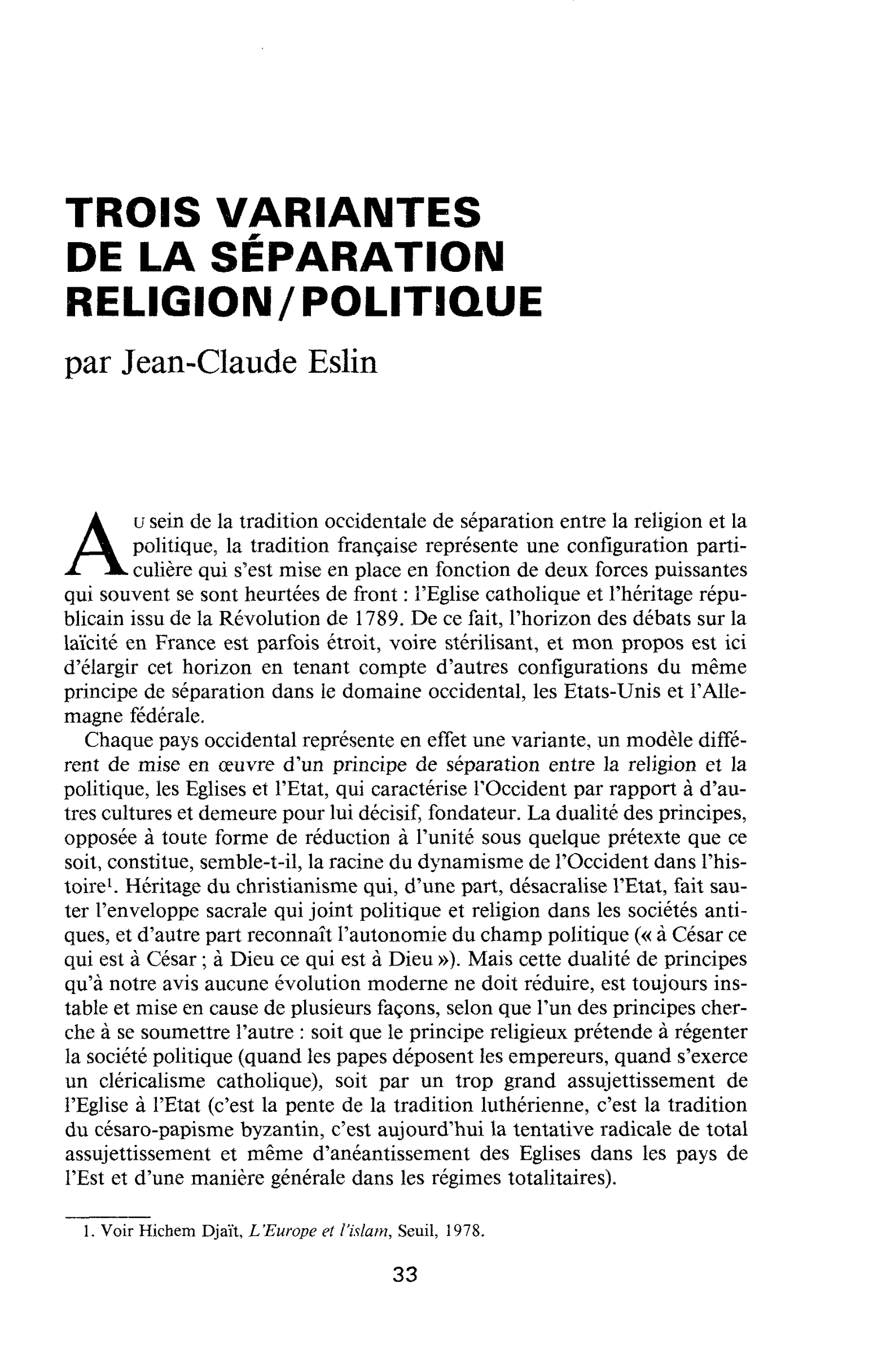 TROIS VARIANTES DE LA SÉPARATION RELIGION/POLITIQUE