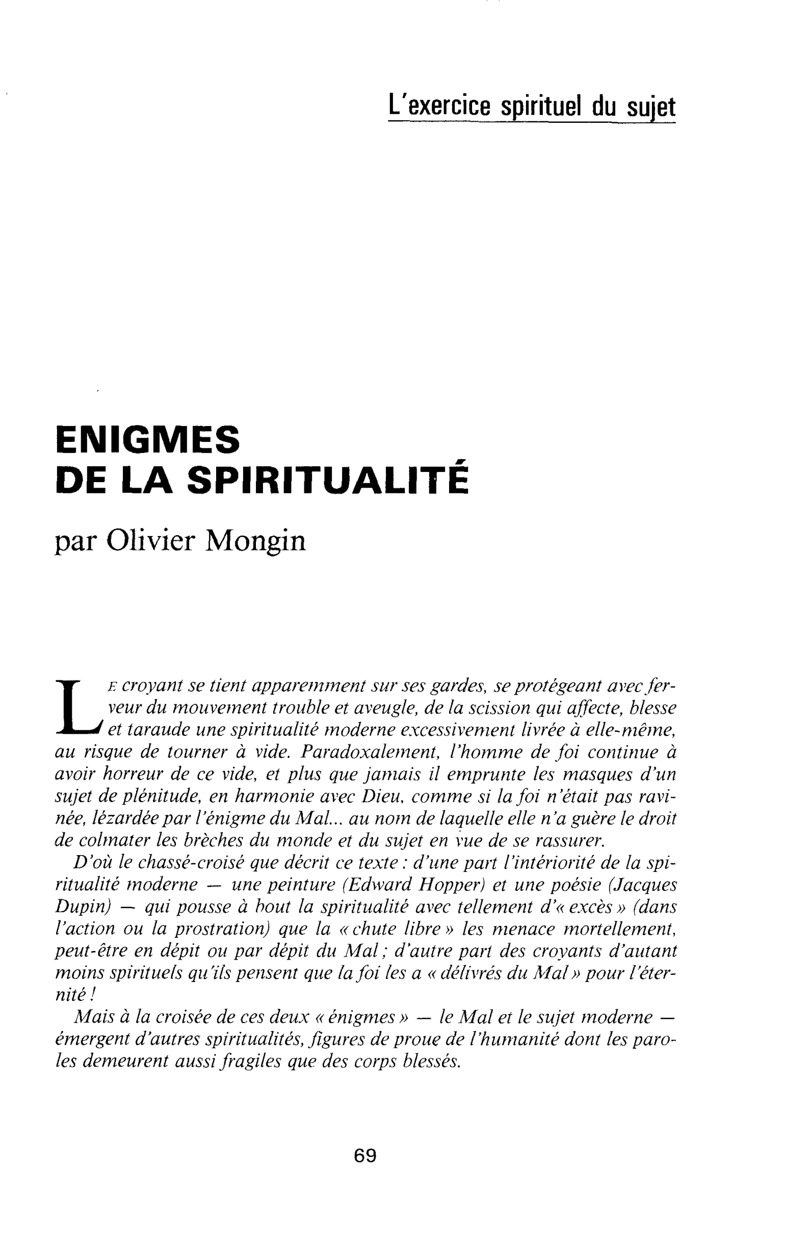 ENIGMES DE LA SPIRITUALITÉ