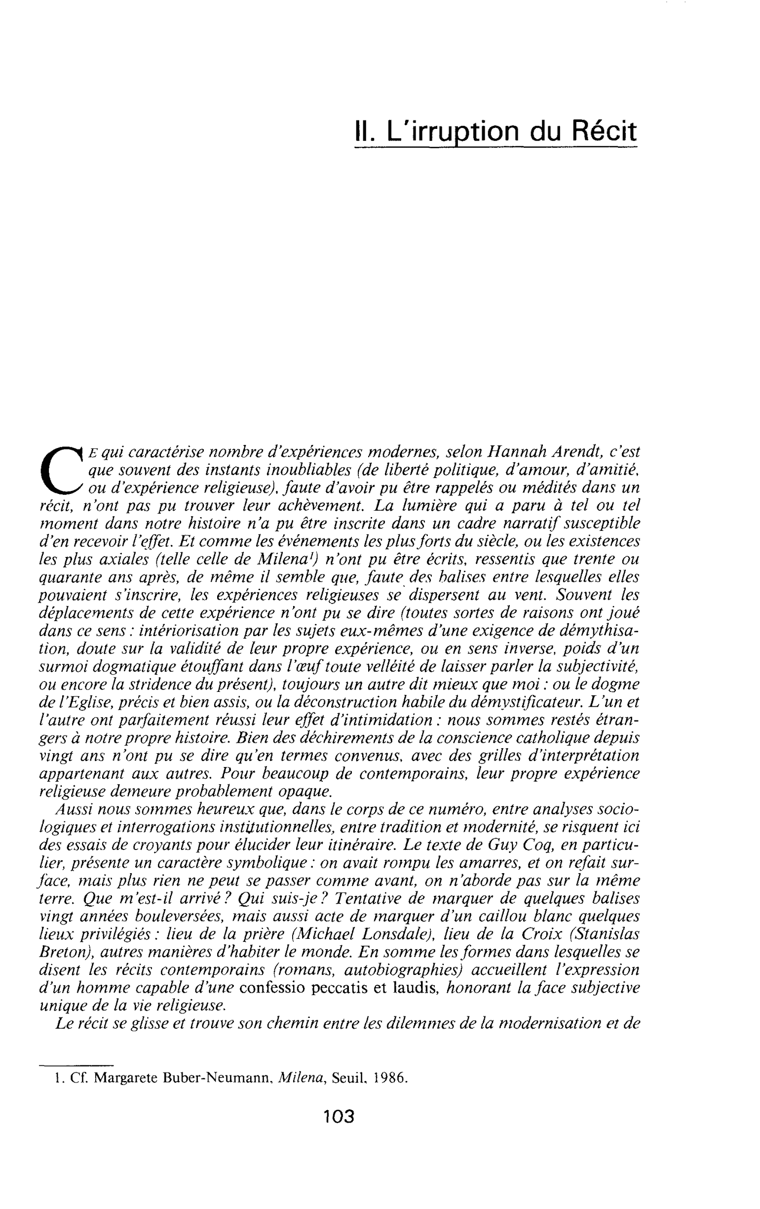 II. L’IRRUPTION DU RECIT