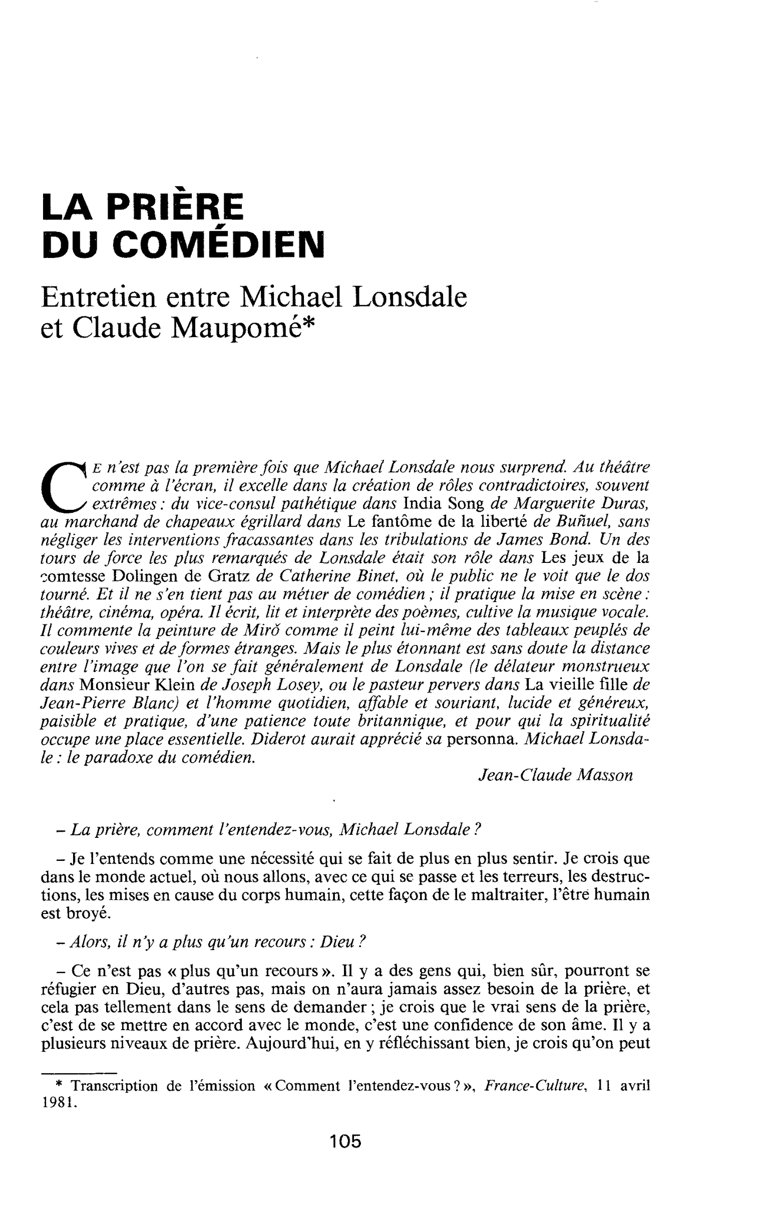 LA PRIERE DU COMÉDIEN