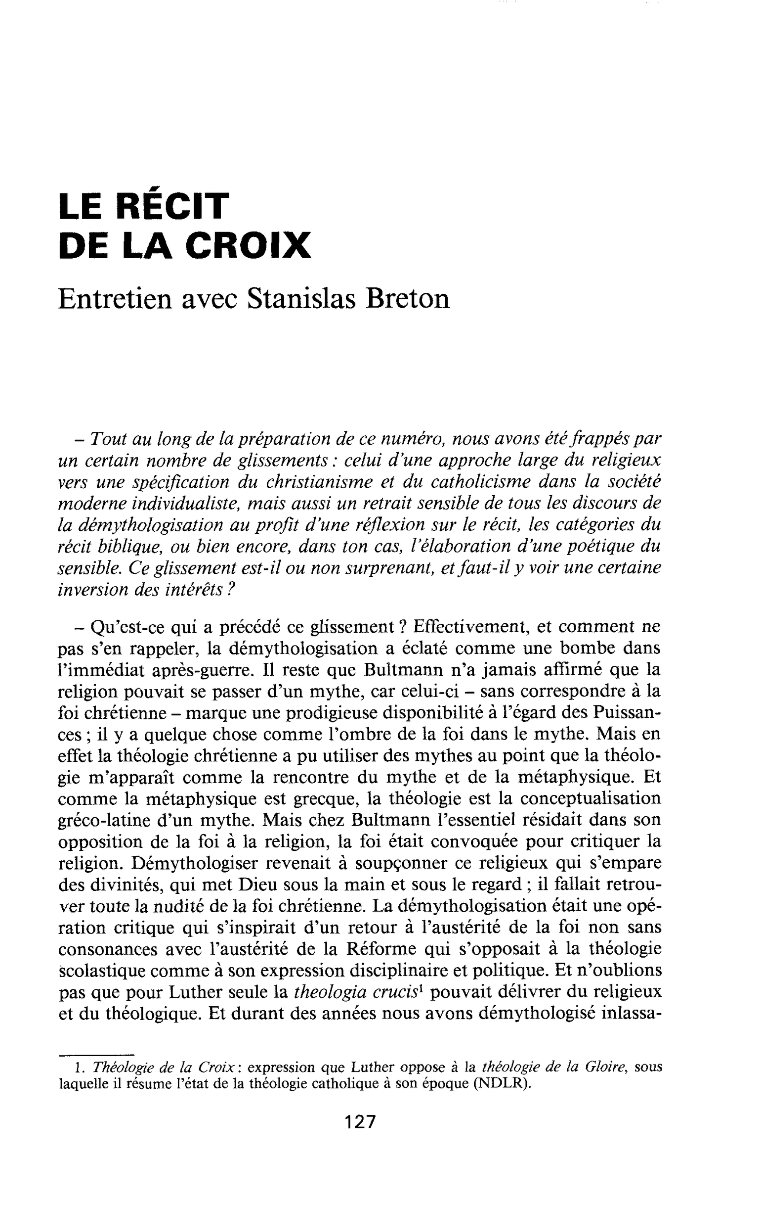 LE RÉCIT DE LA CROIX. Entretien avec Stanislas Breton