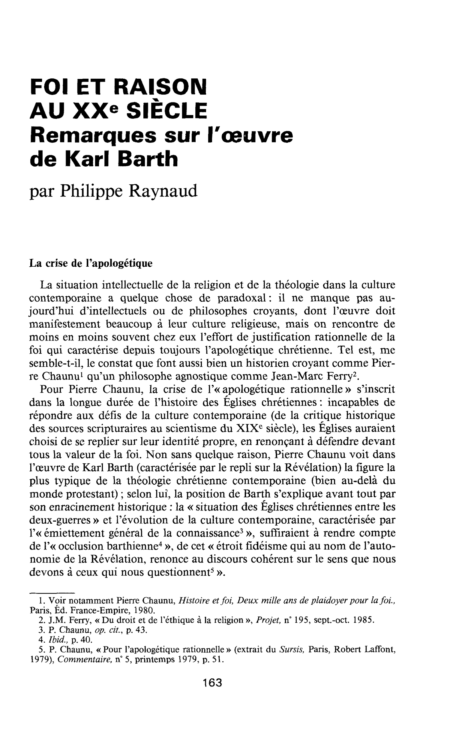 FOI ET RAISON AU XXe SIÈCLE. Remarques sur l’oeuvre de Karl Barth