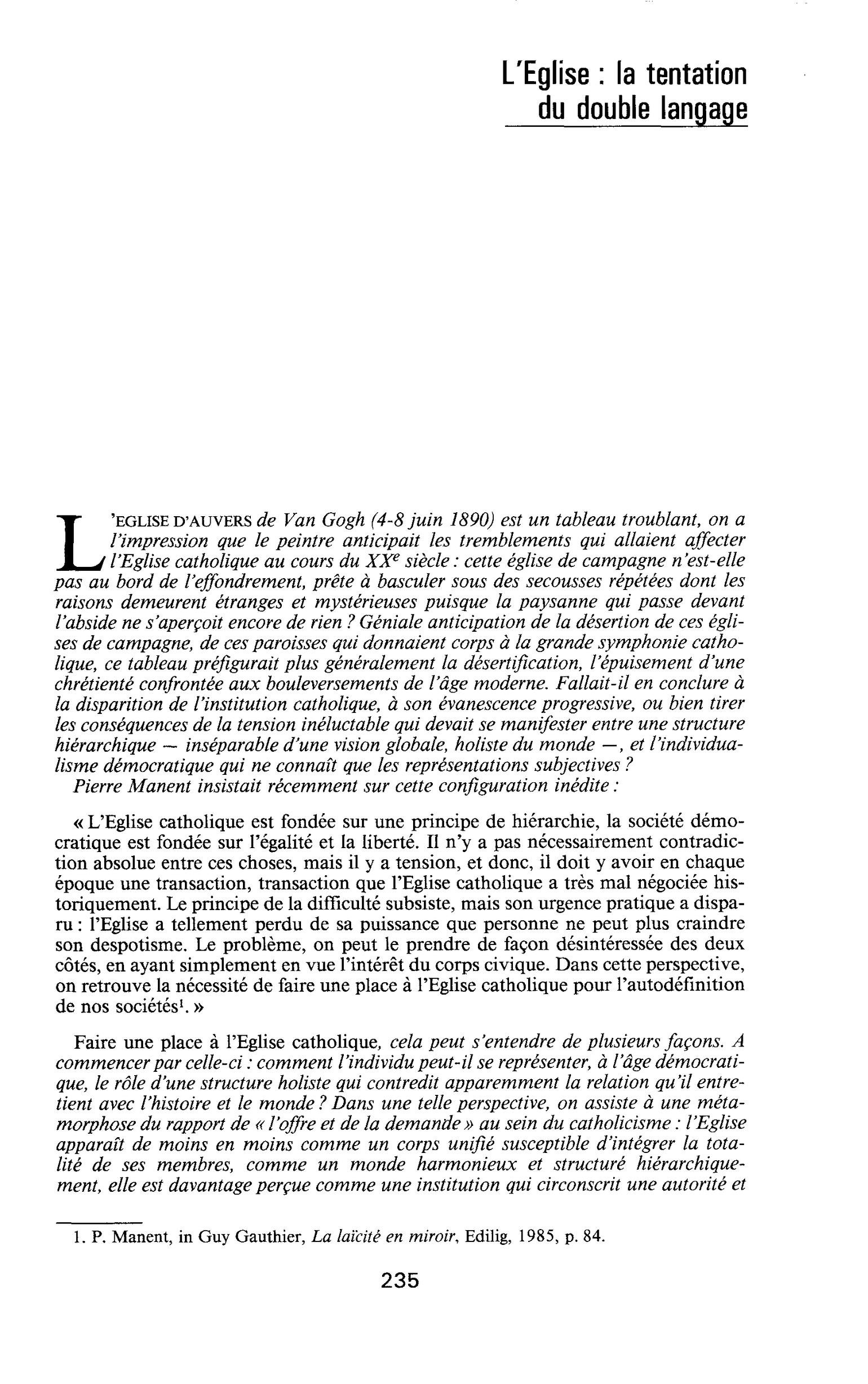 L’Eglise : la tentation du double langage