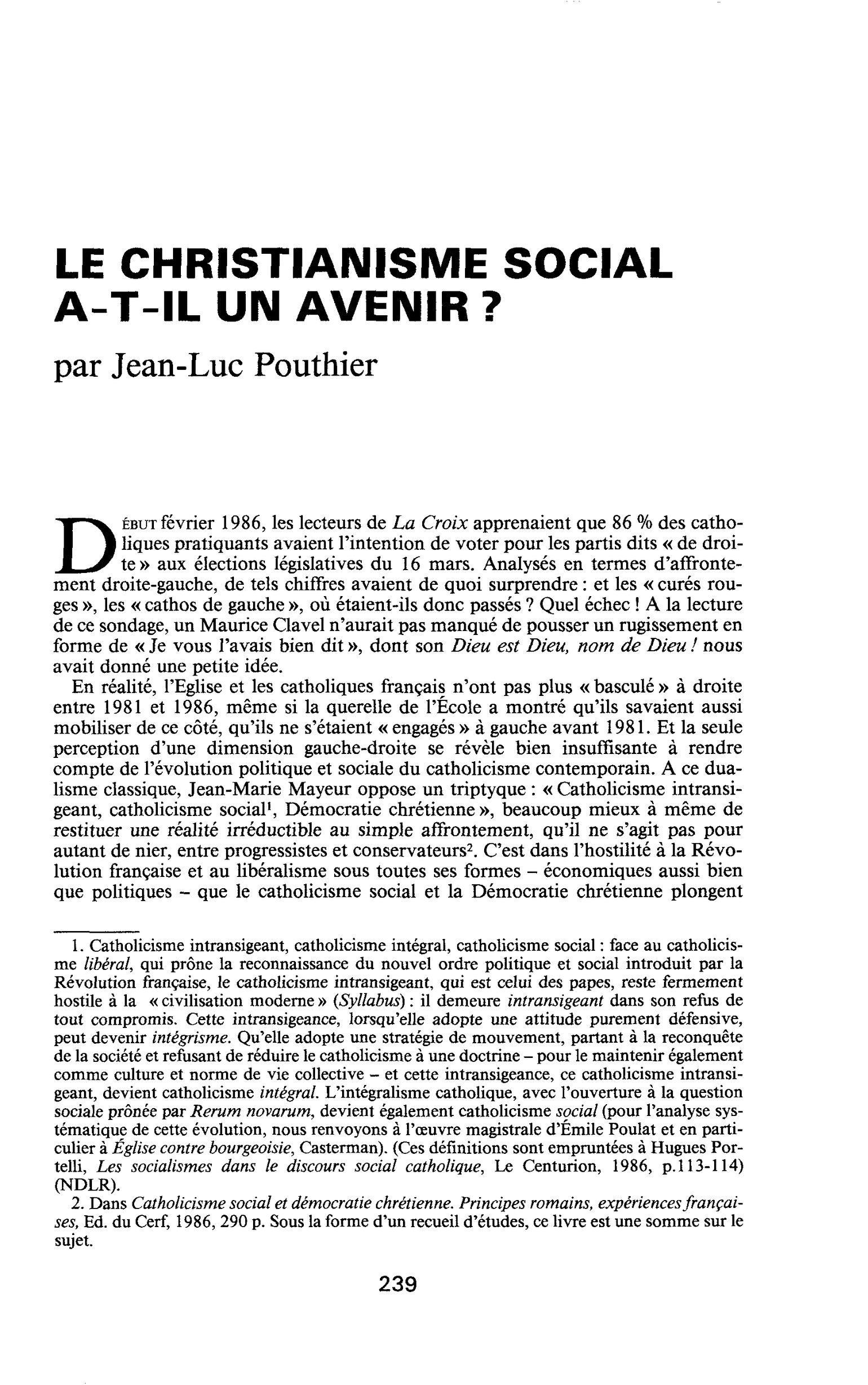 LE CHRISTIANISME SOCIAL A-T-IL UN AVENIR ?