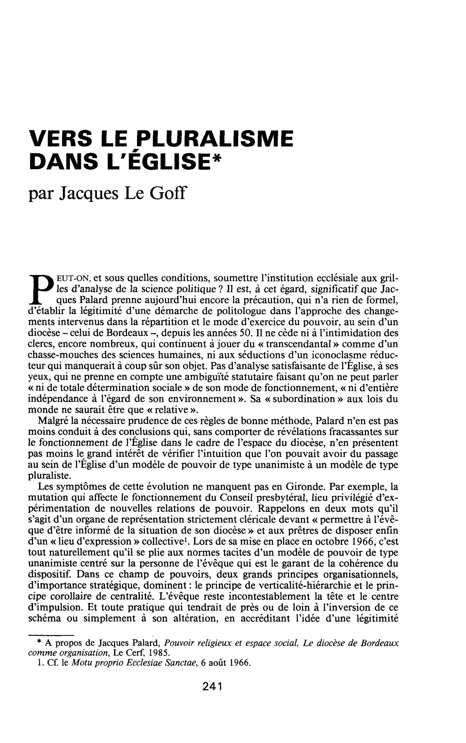 VERS LE PLURALISME DAIMS L’ÉGLISE