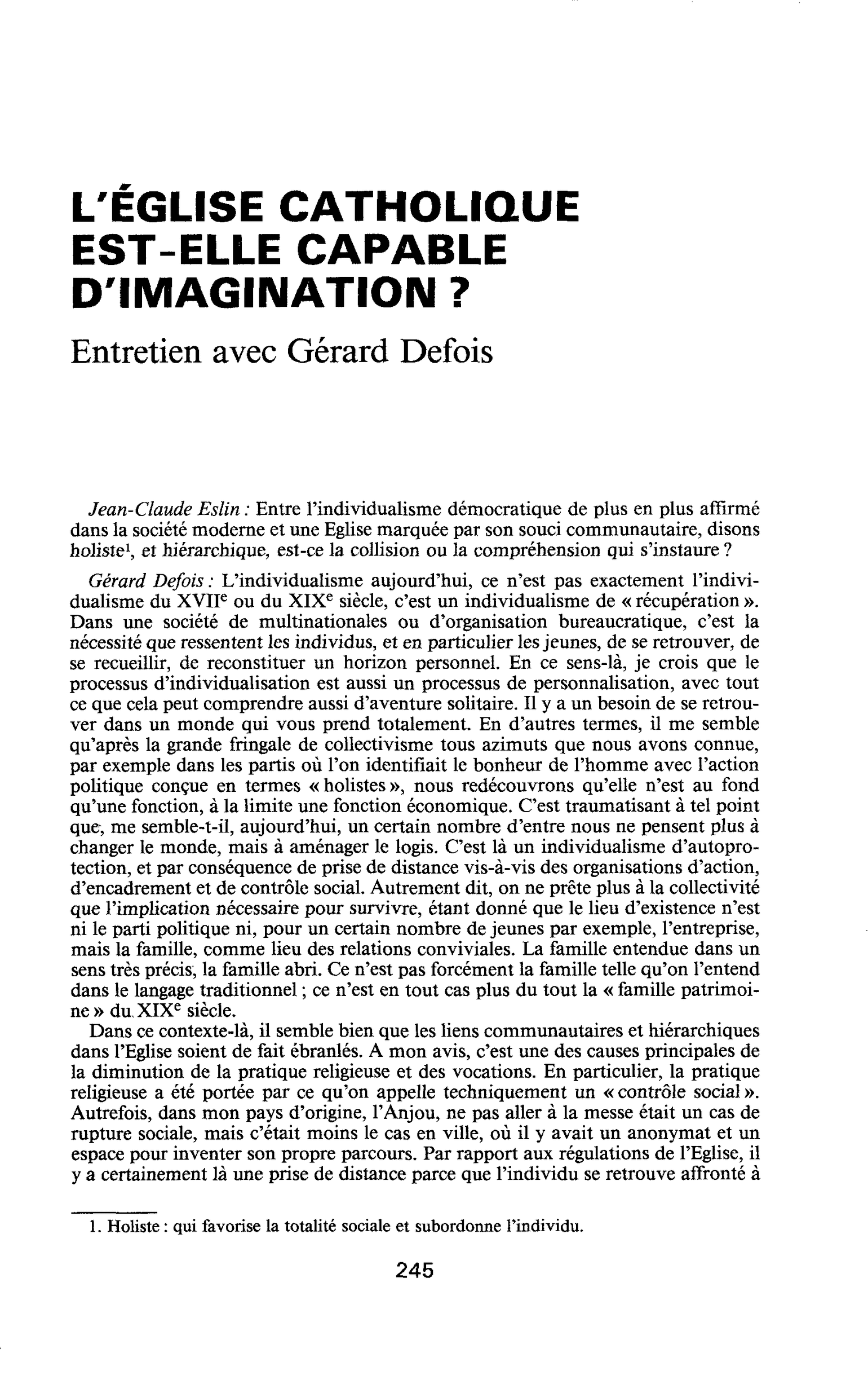 L’EGLISE CATHOLIQUE EST-ELLE CAPABLE D’IMAGINATION ? Entretien avec Gérard Defois