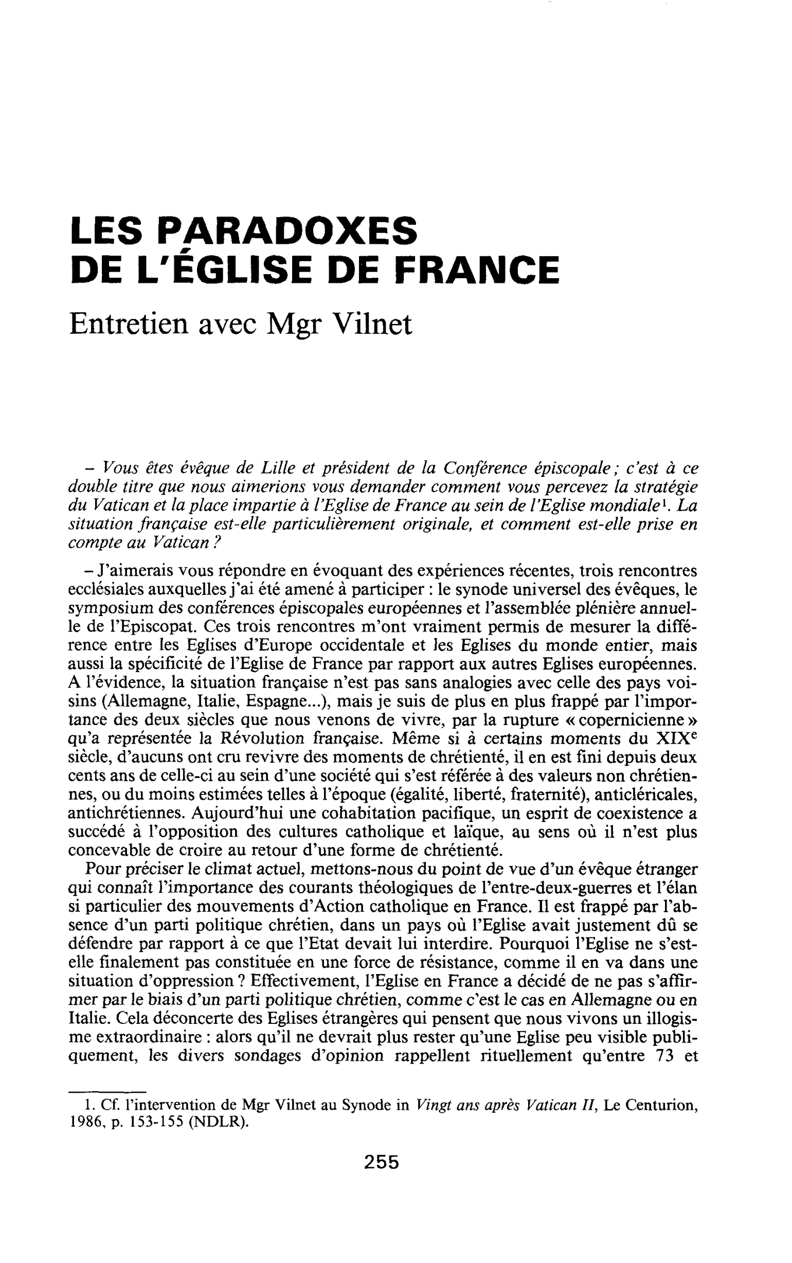 LES PARADOXES DE L’ÉGLISE DE FRANCE Entretien avec Mgr Vilnet