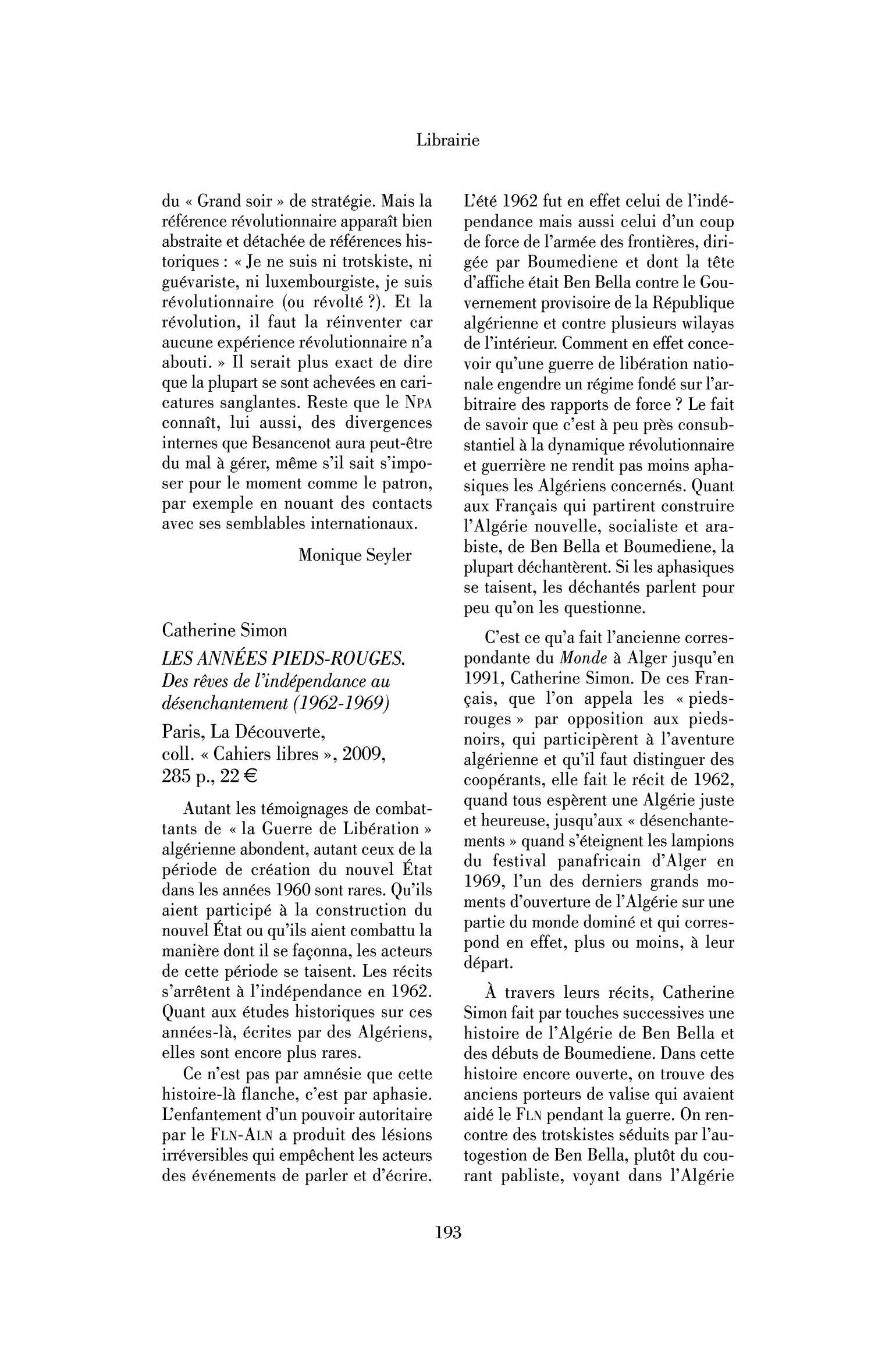 Catherine Simon : les Années pieds-rouges. Des rêves de l’indépendance au désenchantement (1962-1969)