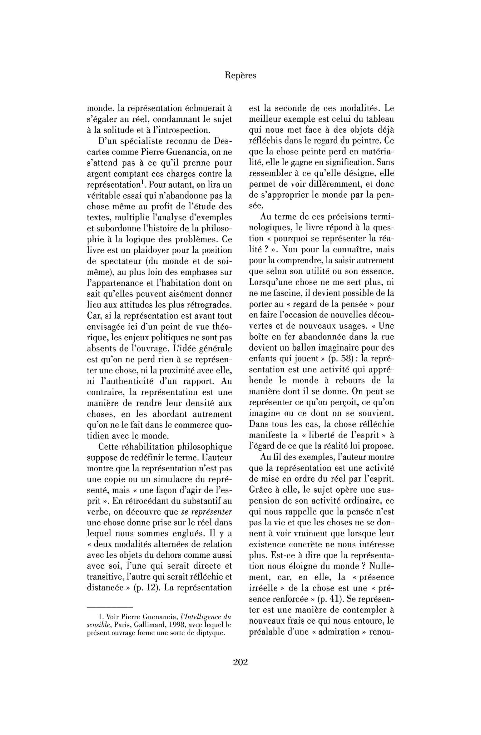 Pierre Guenancia : le Regard de la pensée. Philosophie de la représentation