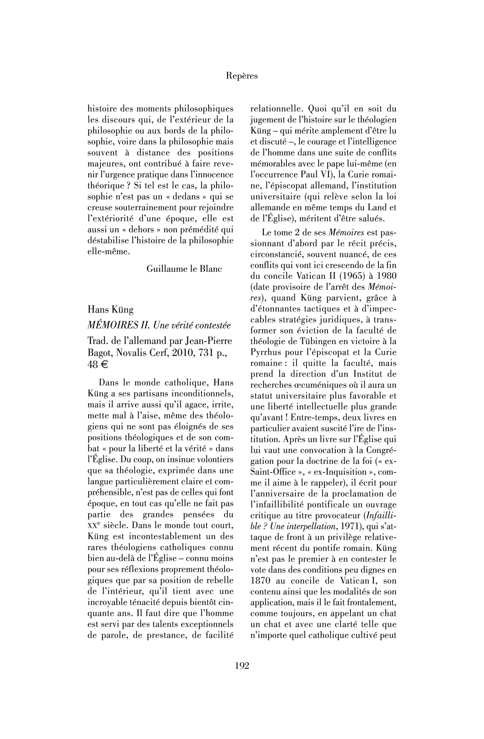 Hans Küng: Mémoires II. Une vérité contestée
