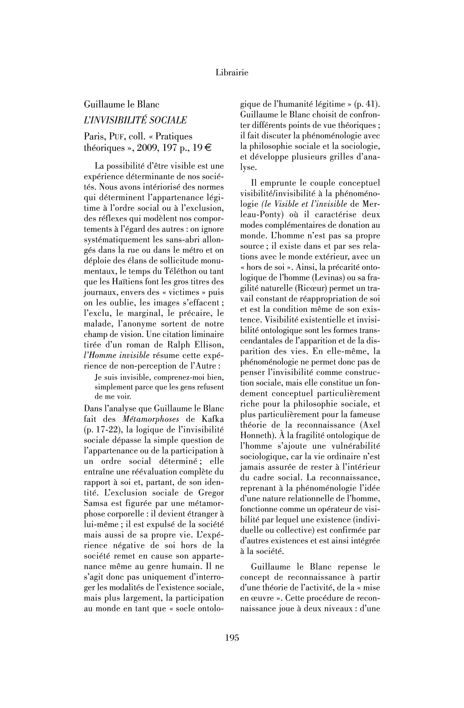 Guillaume le Blanc: l’Invisibilité sociale