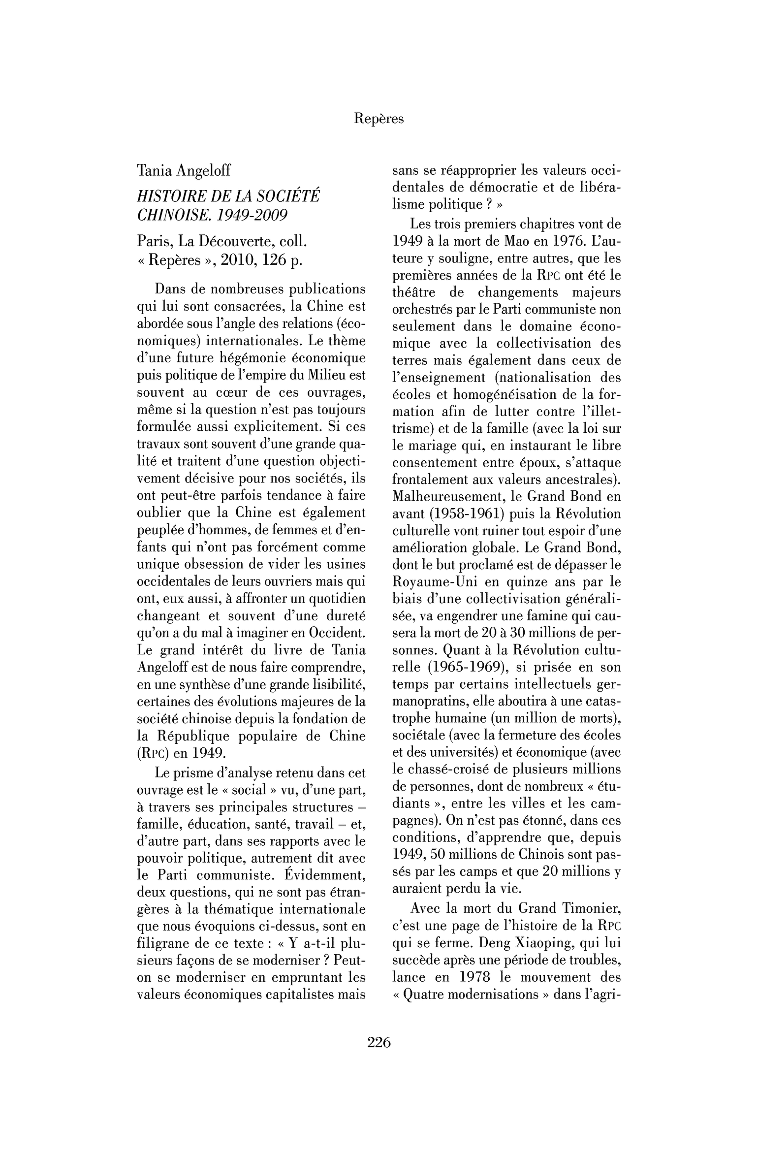 Tania Angeloff: Histoire de la société chinoise. 1949-2009