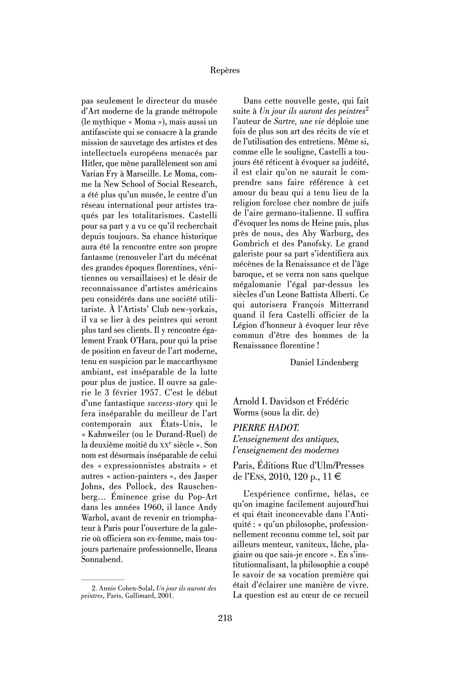 Arnold I. Davidson et Frédéric Worms (sous la dir. de): Pierre Hadot. L’enseignement des antiques, l’enseignement des modernes