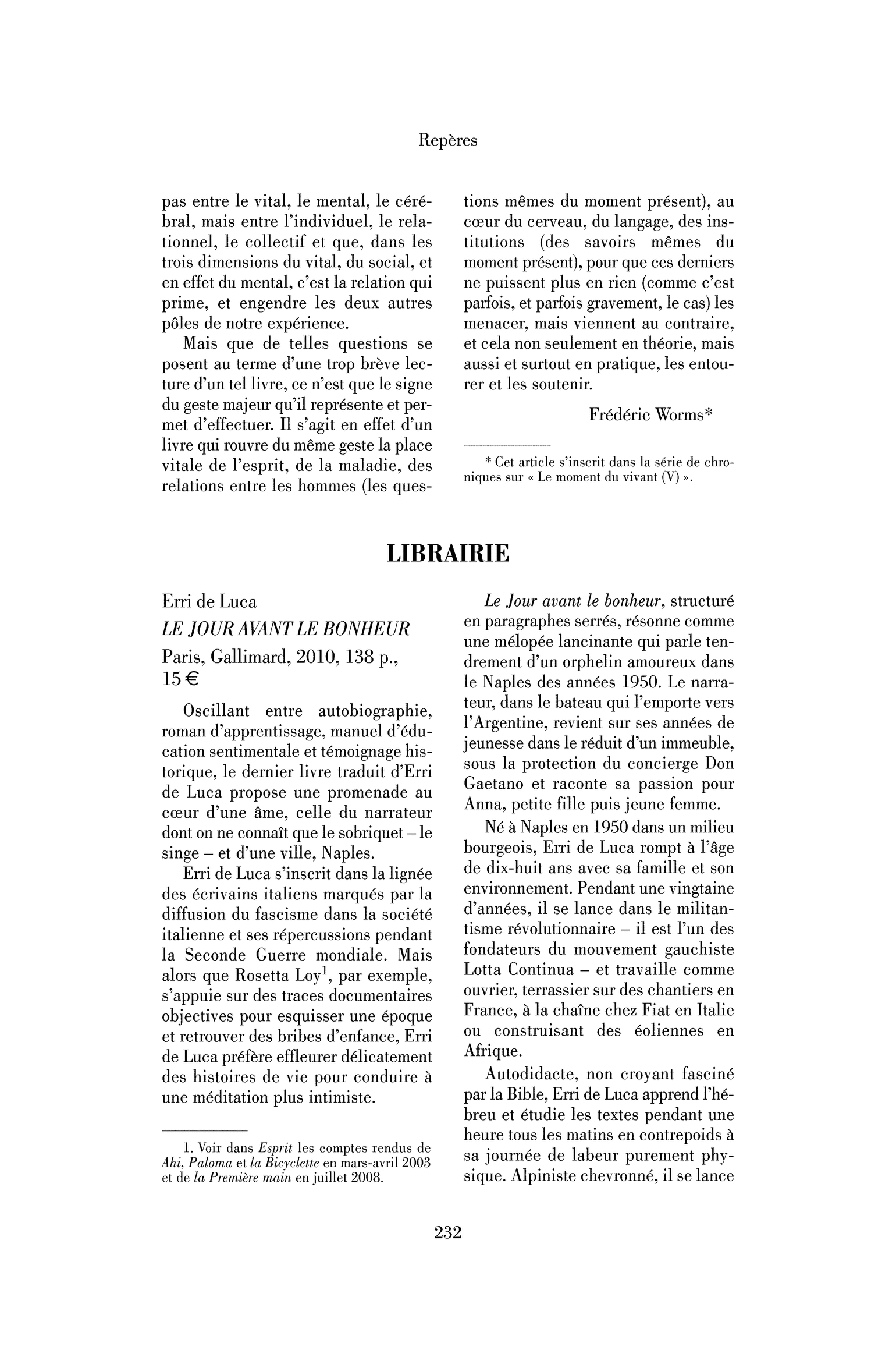 Erri de Luca : le Jour avant le bonheur