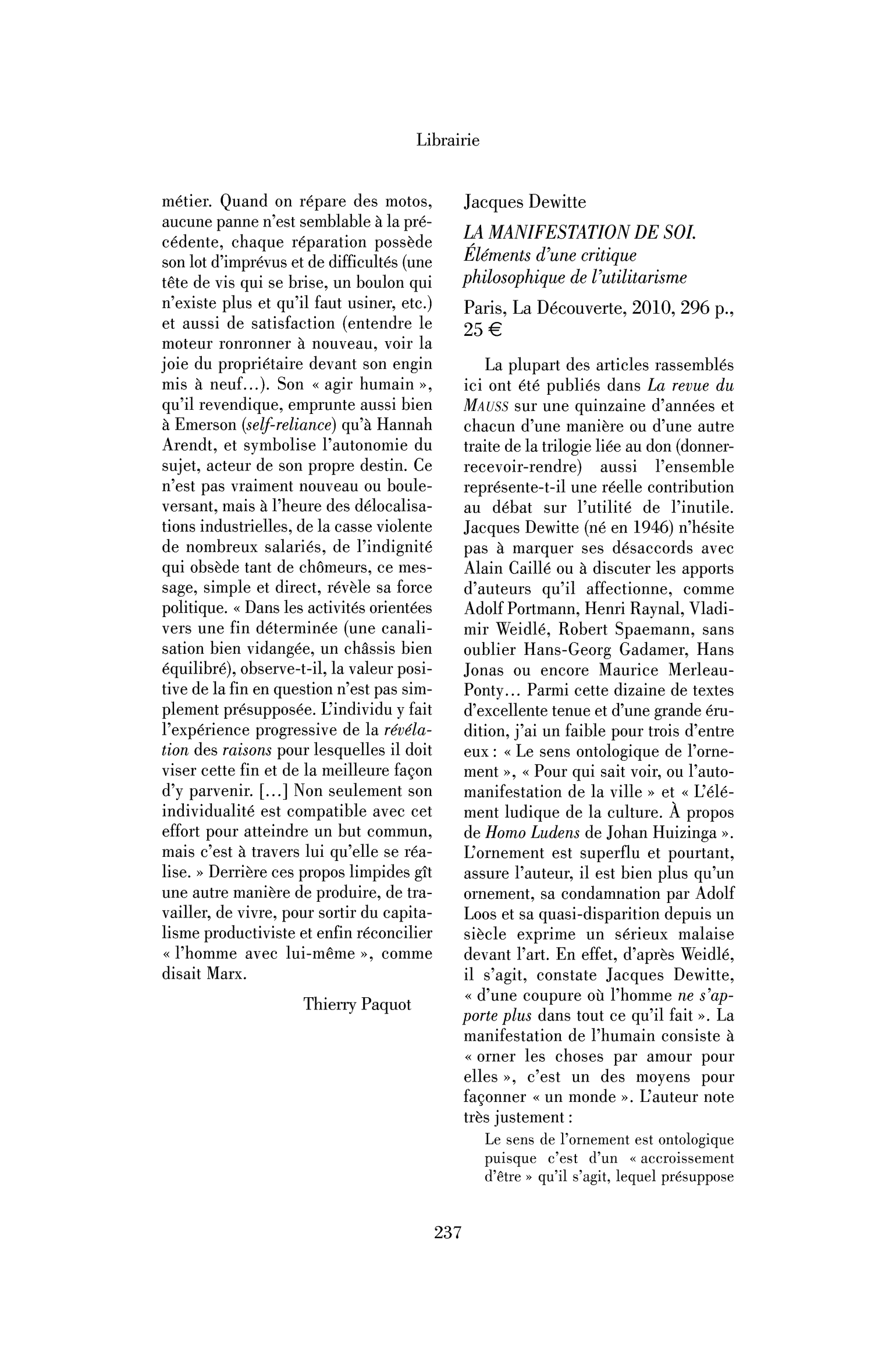 Jacques Dewitte: la Manifestation de soi. Éléments d’une critique philosophique de l’utilitarisme