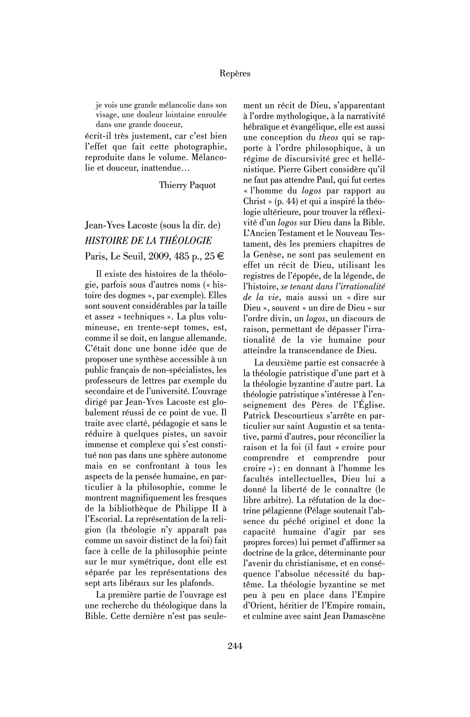 Jean-Yves Lacoste (sous la dir. de): Histoire de la théologie