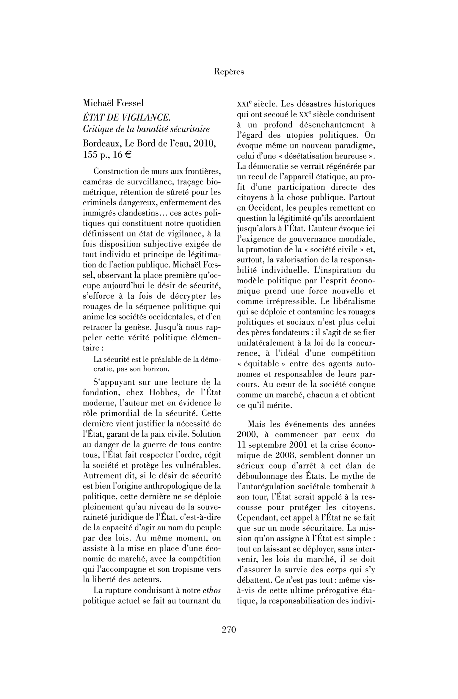 Michaël Fœssel : État de vigilance. Critique de la banalité sécuritaire