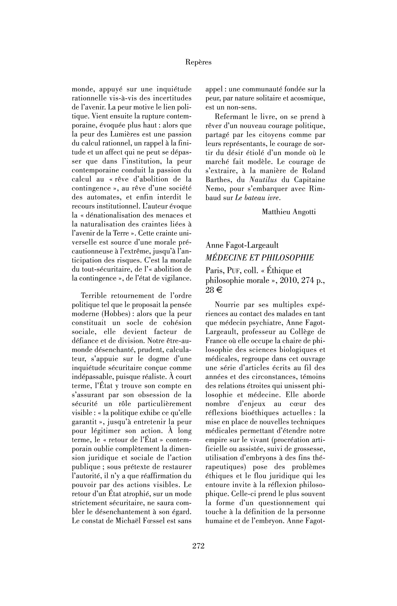 Anne Fagot-Largeault: Médecine et philosophie