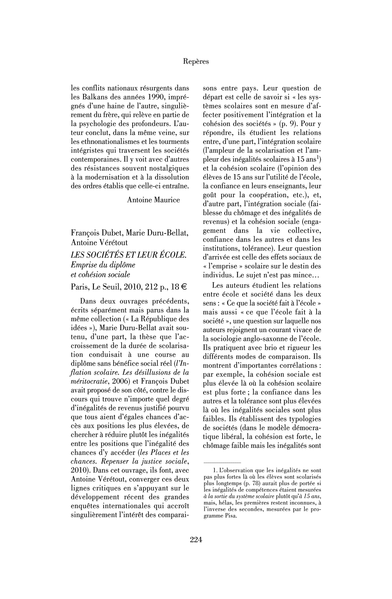 François Dubet, Marie Duru-Bellat, Antoine Vérétout: les Sociétés et leur école. Emprise du diplôme et cohésion sociale