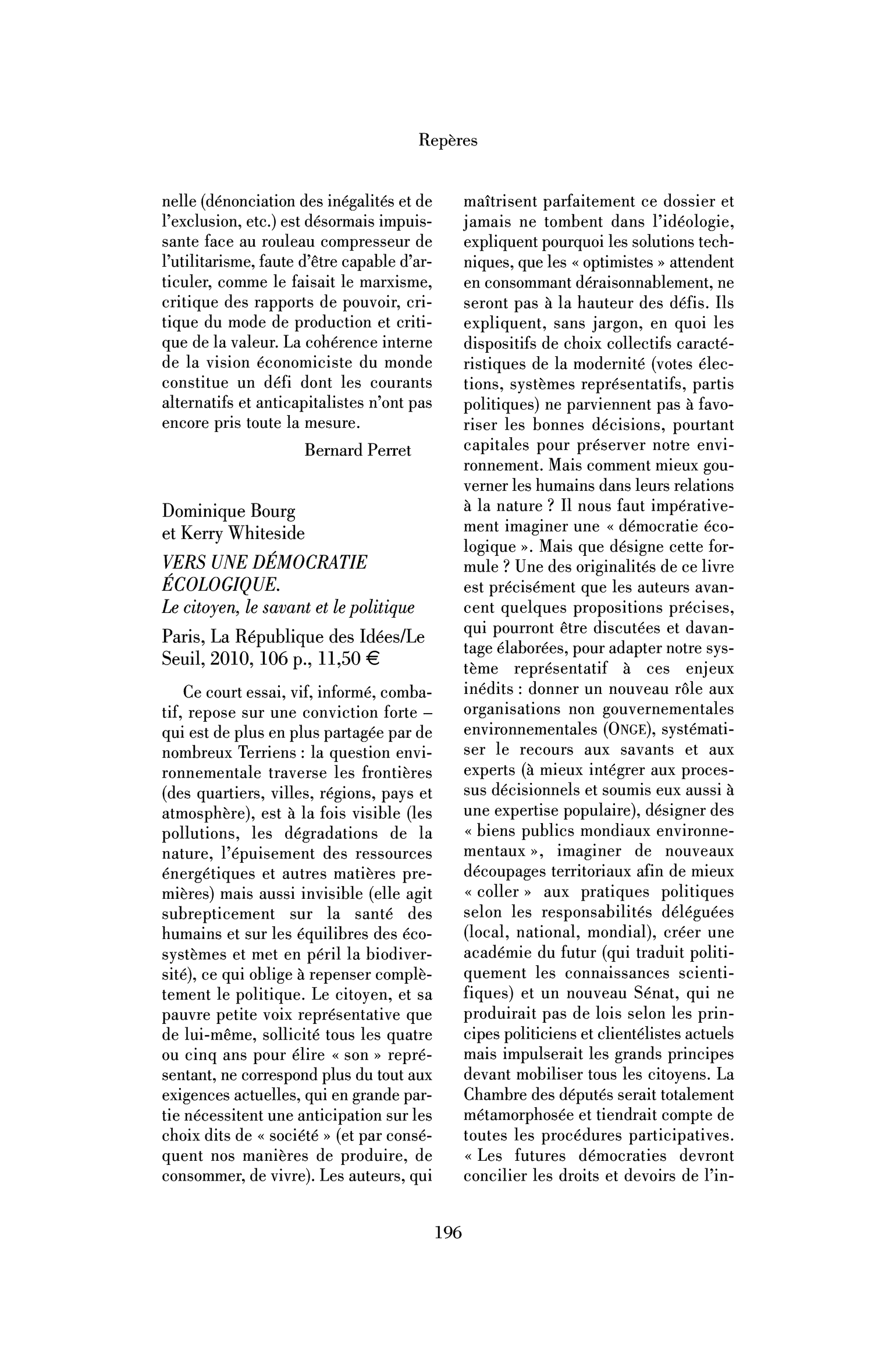 Dominique Bourg et Kerry Whiteside: Vers une démocratie écologique. Le citoyen, le savant et le politique