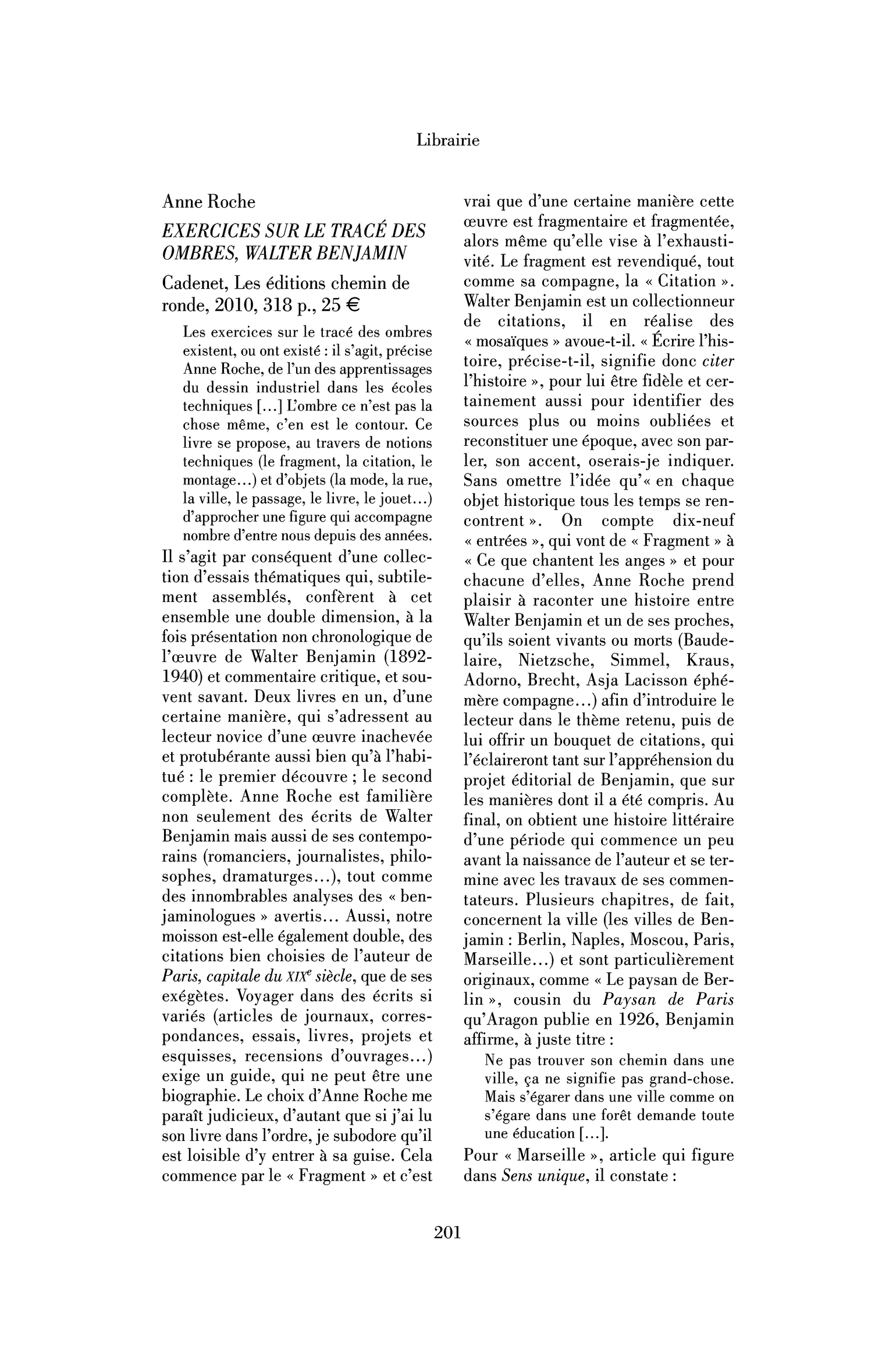 Anne Roche: Exercices sur le tracé des ombres, Walter Benjamin