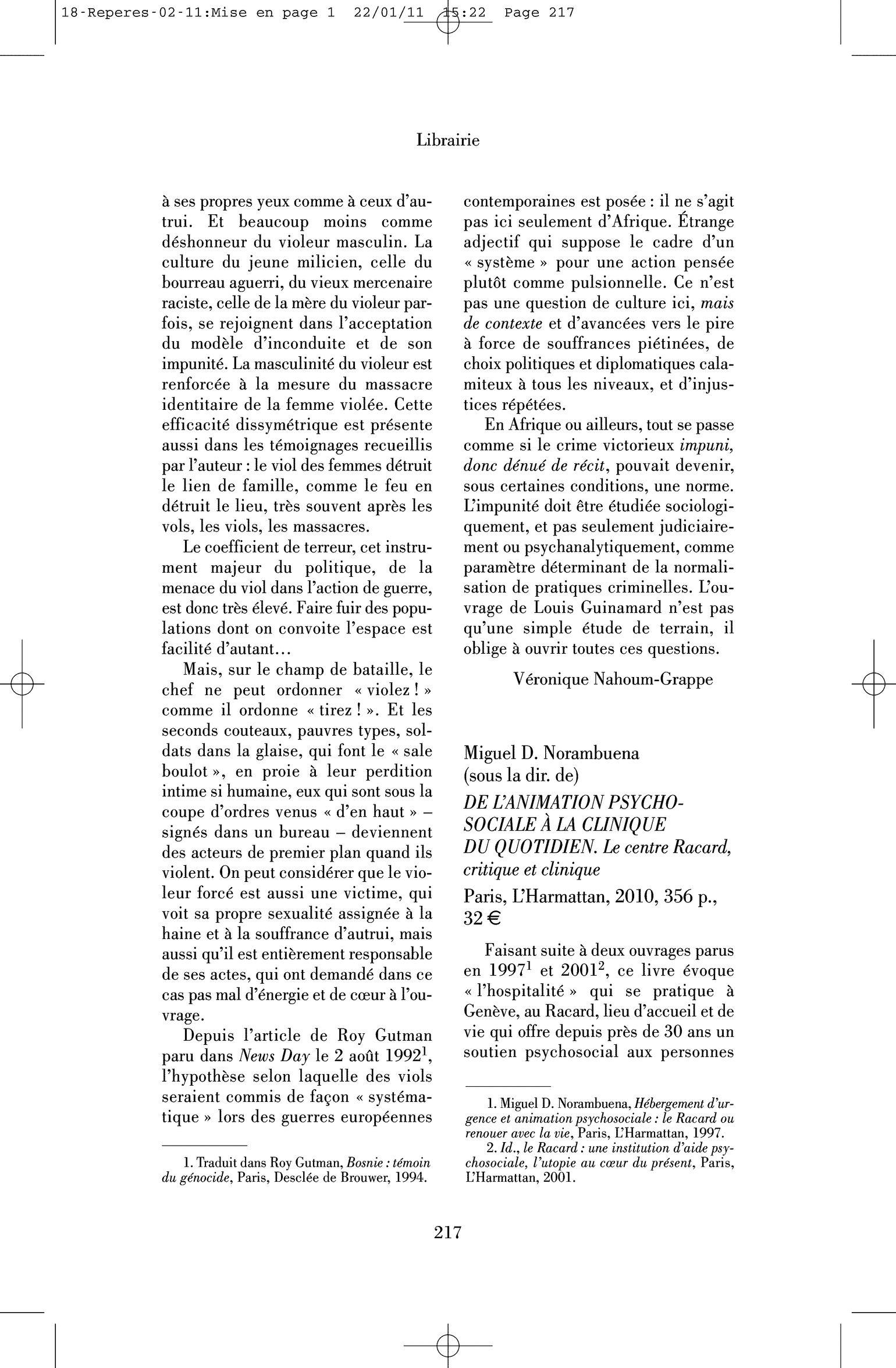 Miguel D. Norambuena (sous la dir. de) : De l’animation psychosociale à la clinique du quotidien. Le centre Racard, critique et clinique