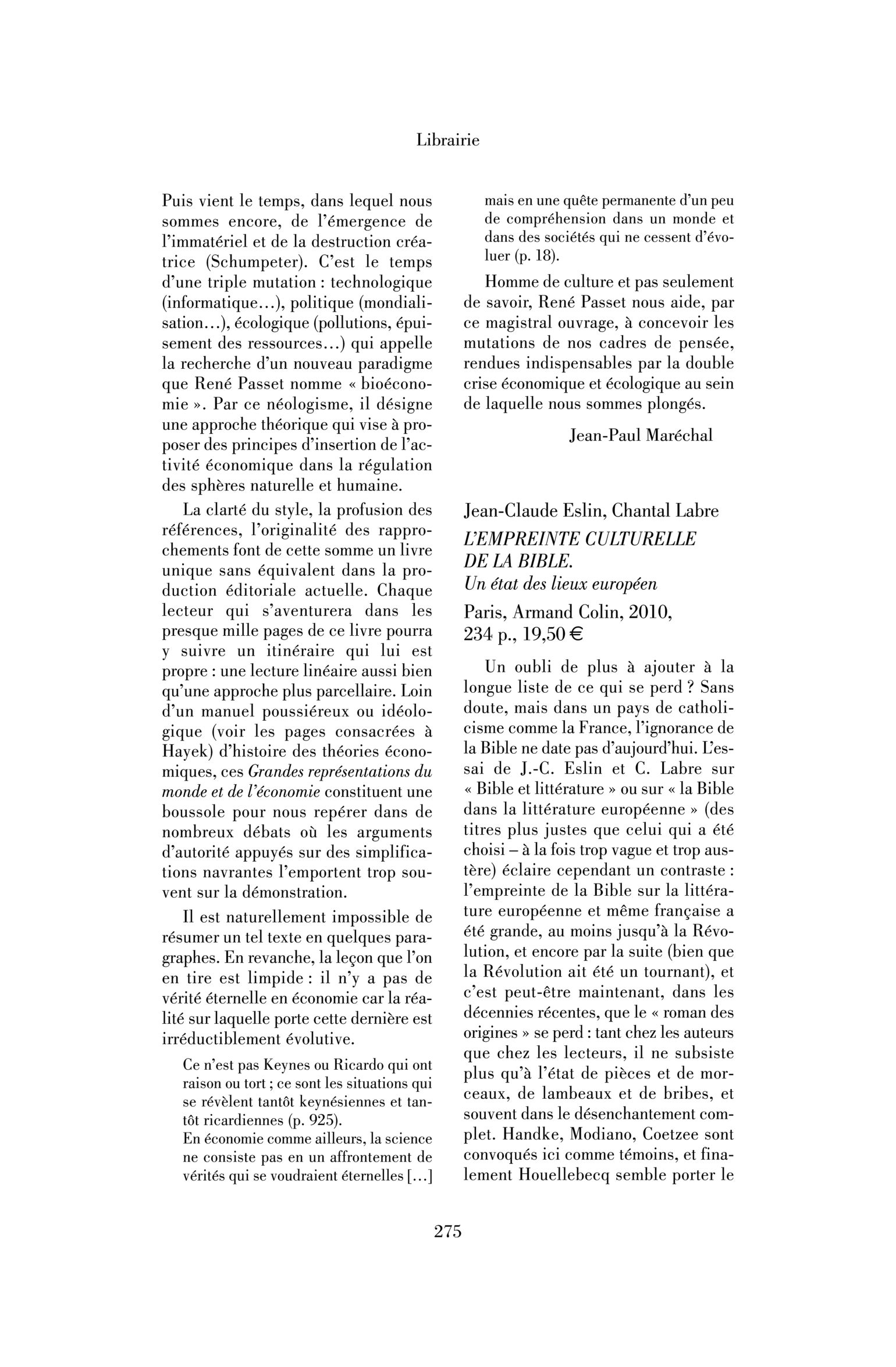 Jean-Claude Eslin, Chantal Labre : l’Empreinte culturelle de la Bible. Un état des lieux européen